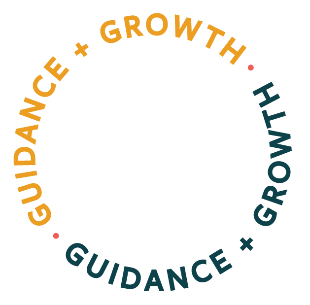 Colorful circular text reading "GUIDANCE + GROWTH" repeated twice with small red dots separating the phrases.
