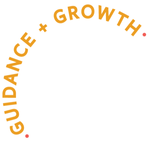 A circular black form with a yellow-orange text arc saying "GUIDANCE + GROWTH" around the top.