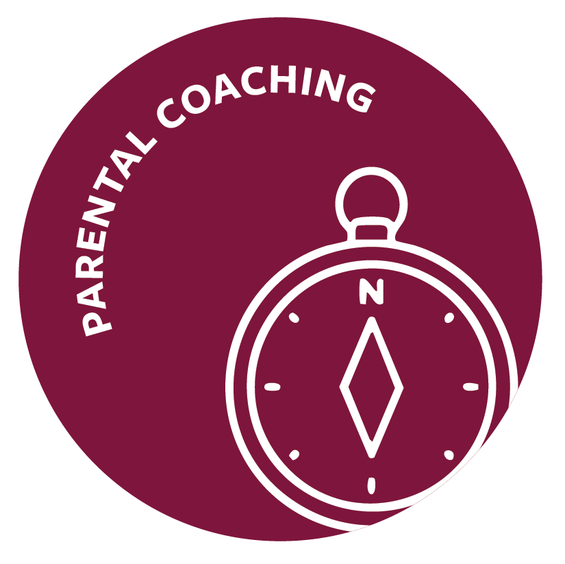 A circular logo with a dark red background featuring a white line drawing of a stopwatch and the words "Parental Coaching" curved along the top of the circle.