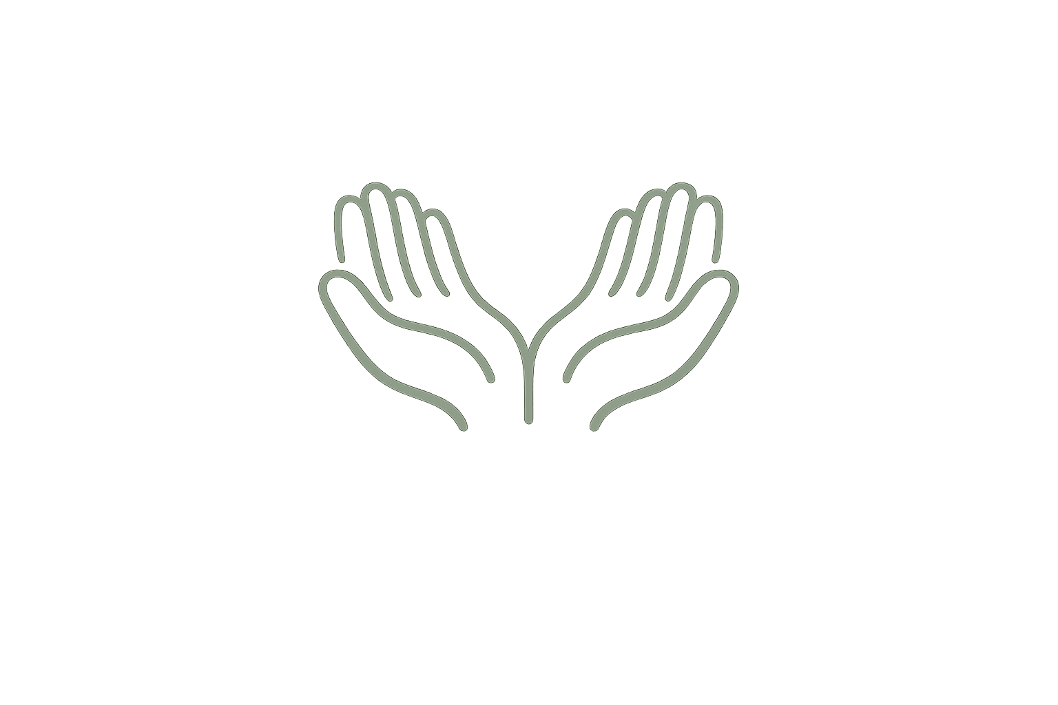 Outline drawing of two hands open and facing upward, with palms slightly apart, symbolizing care or offering.