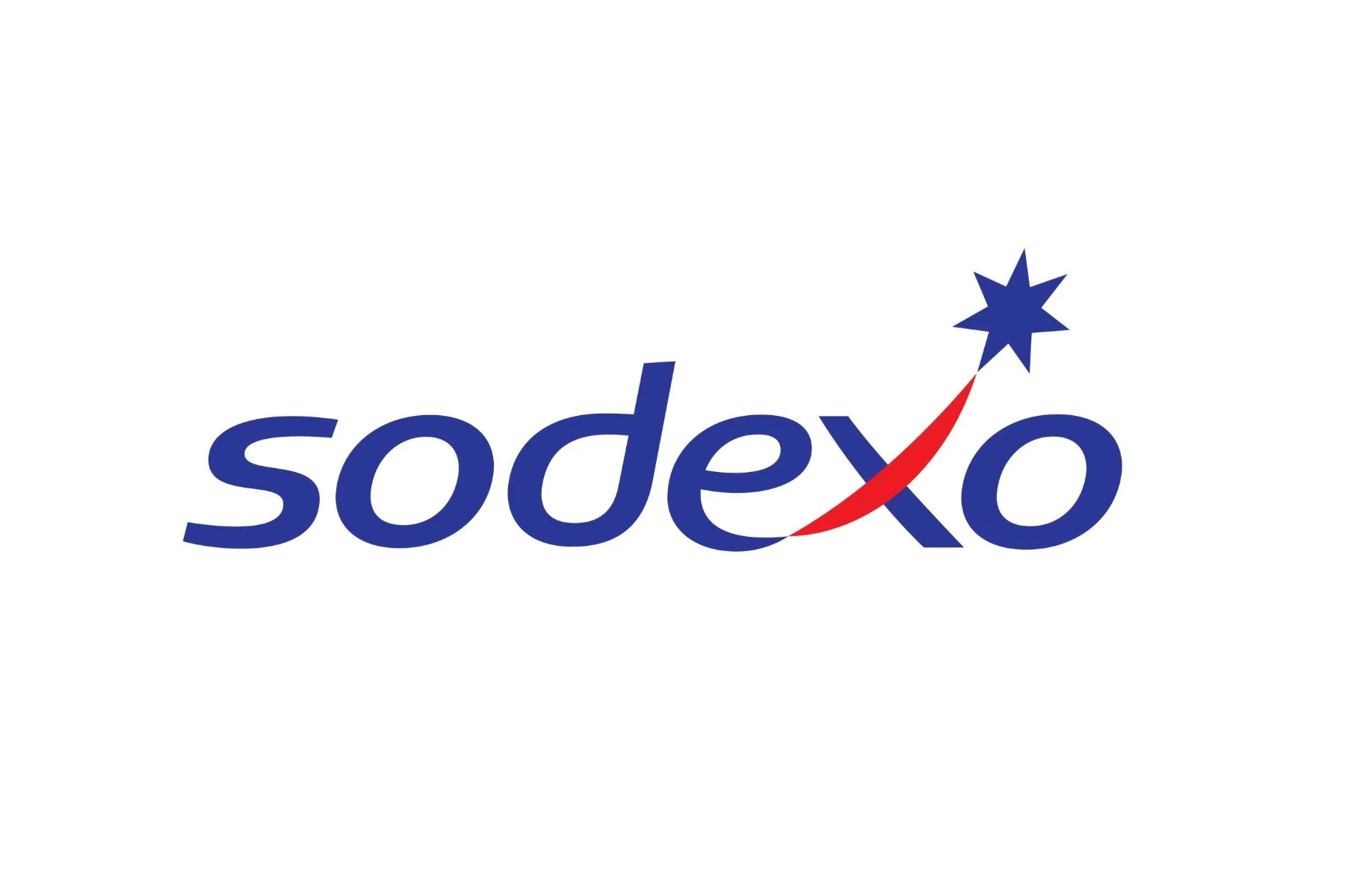The Sodexo logo with the word 'sodexo' in lowercase blue letters, a red swoosh starting from the 'd' and curving upward to a blue star at the end of the swoosh.