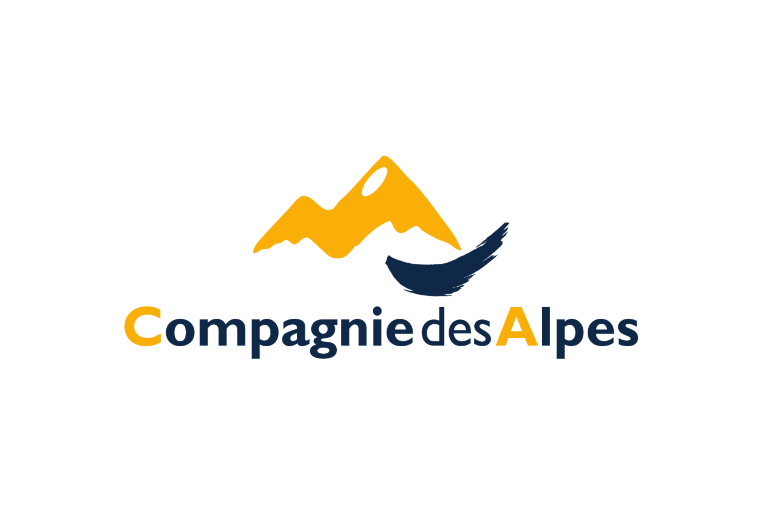 Logo of Compagnie des Alpes featuring stylized mountain peaks in yellow and a dark blue mountain stream or river, with the company's name in black and yellow text.