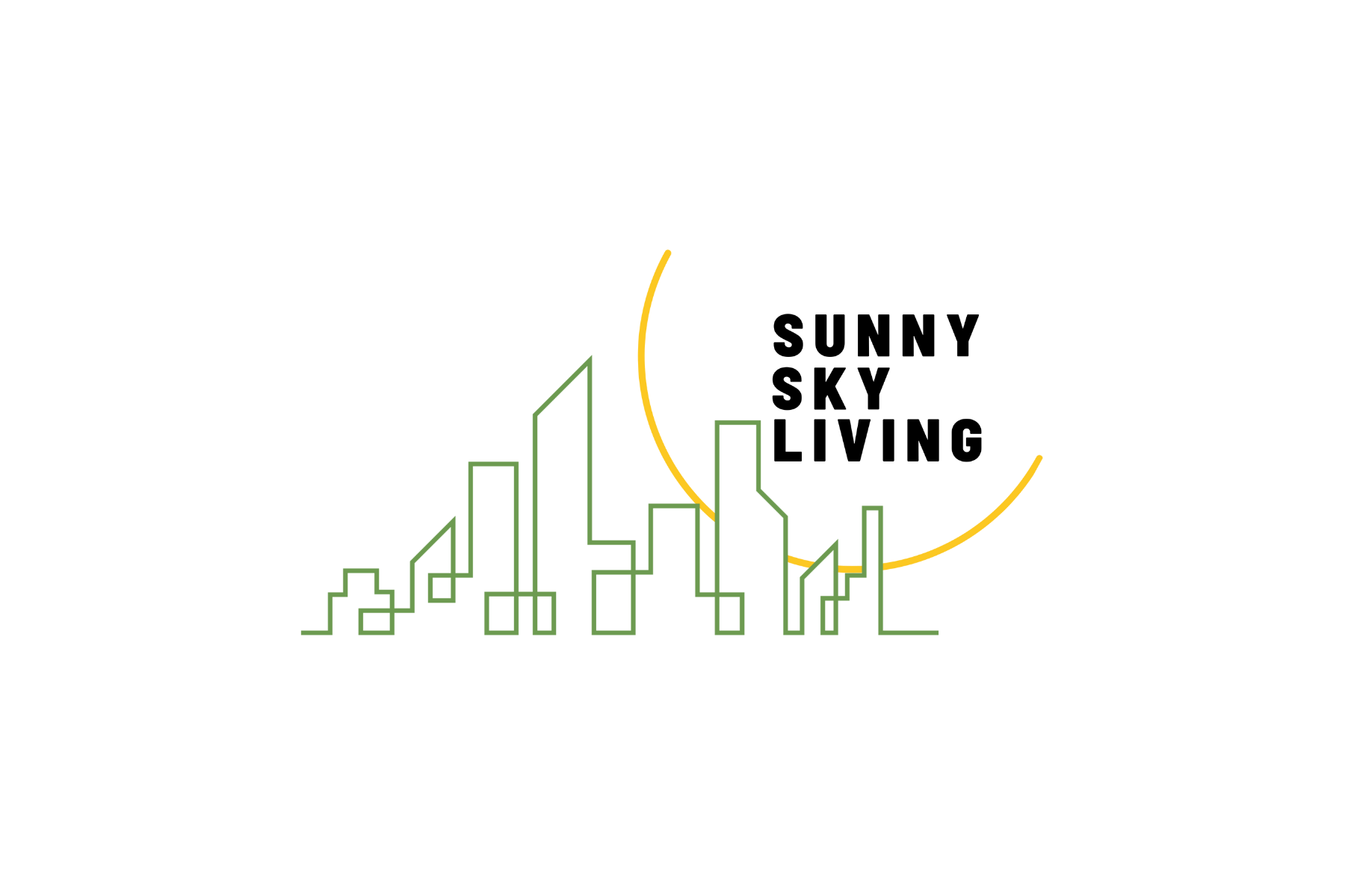 Graphic of a city skyline with neon outline style, overlaid with yellow arc lines representing abstract solar or celestial phenomena.