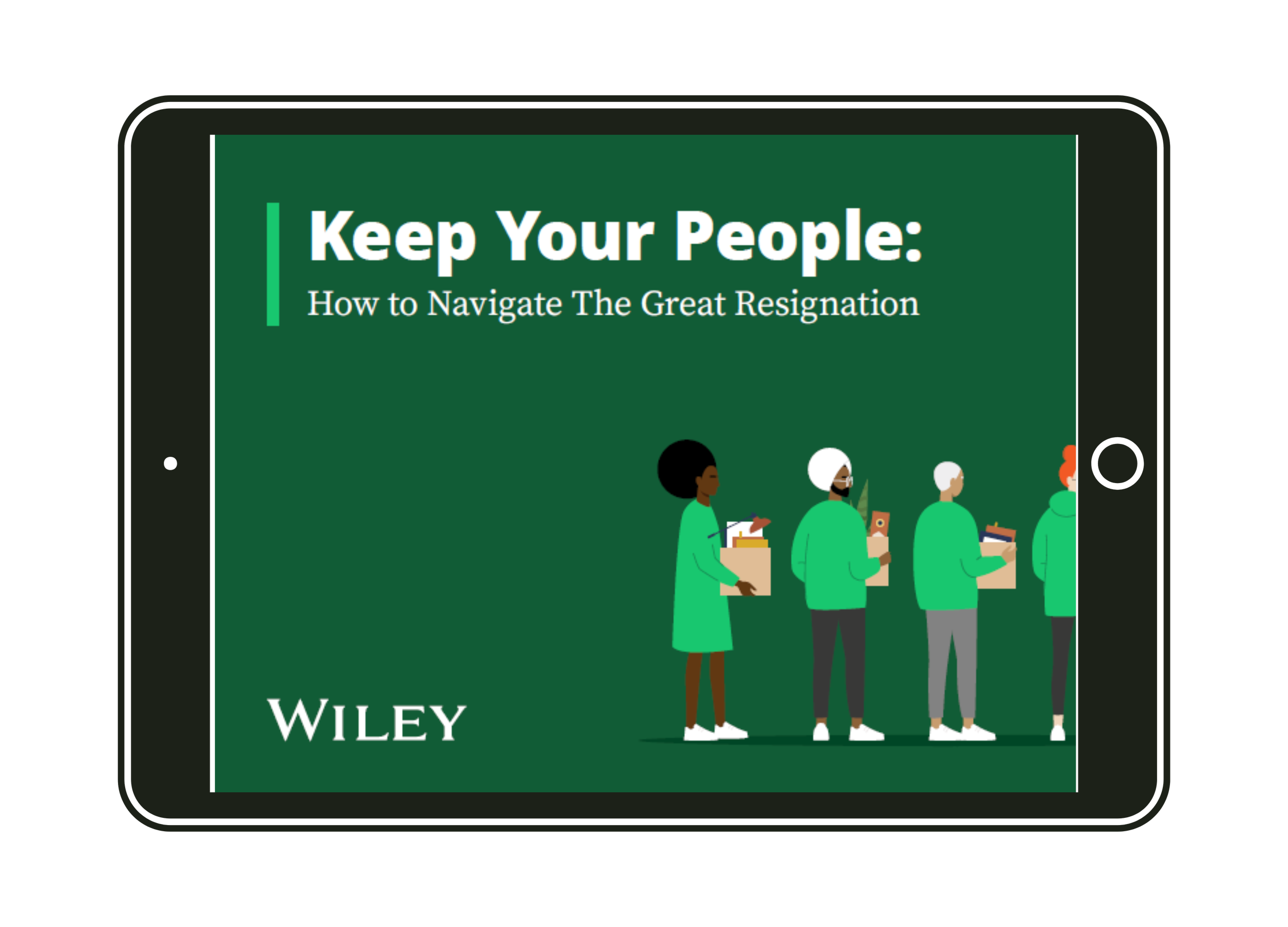 Book cover titled "Keep Your People: How to Navigate The Great Resignation" published by Wiley, featuring illustrative figures of four diverse people standing in line, holding books and having drinks.