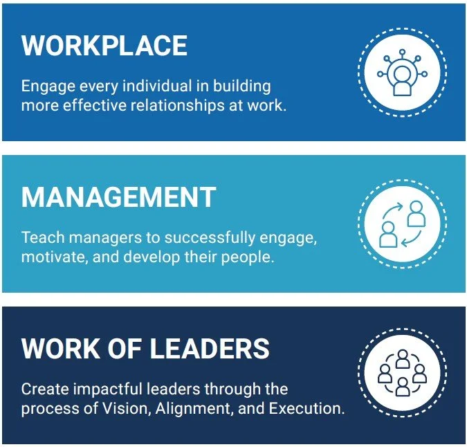 Infographic with three sections labeled 'Workplace,' 'Management,' and 'Work of Leaders.' Each section includes a brief description and an icon: a leader with connected nodes for Workplace, two people with arrows for Management, and a group of people for Work of Leaders.