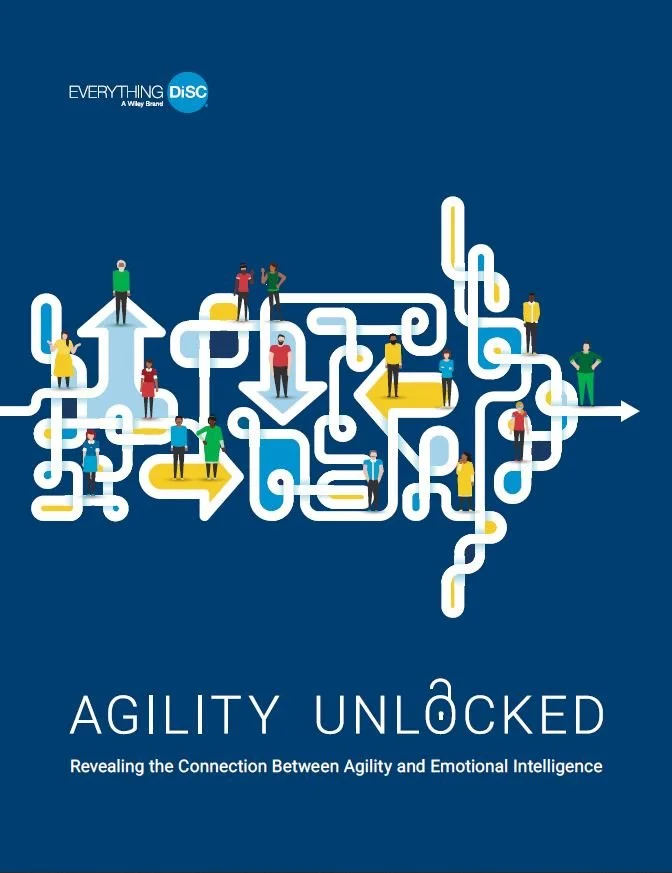 Cover of the book titled 'Agility Unlocked,' depicting a complex maze with colorful human figures navigating through it. The maze has arrows pointing in various directions, symbolizing paths and choices. The top left corner shows the brand 'DiSC by Wiley,' and the subtitle mentions revealing the connection between agility and emotional intelligence.