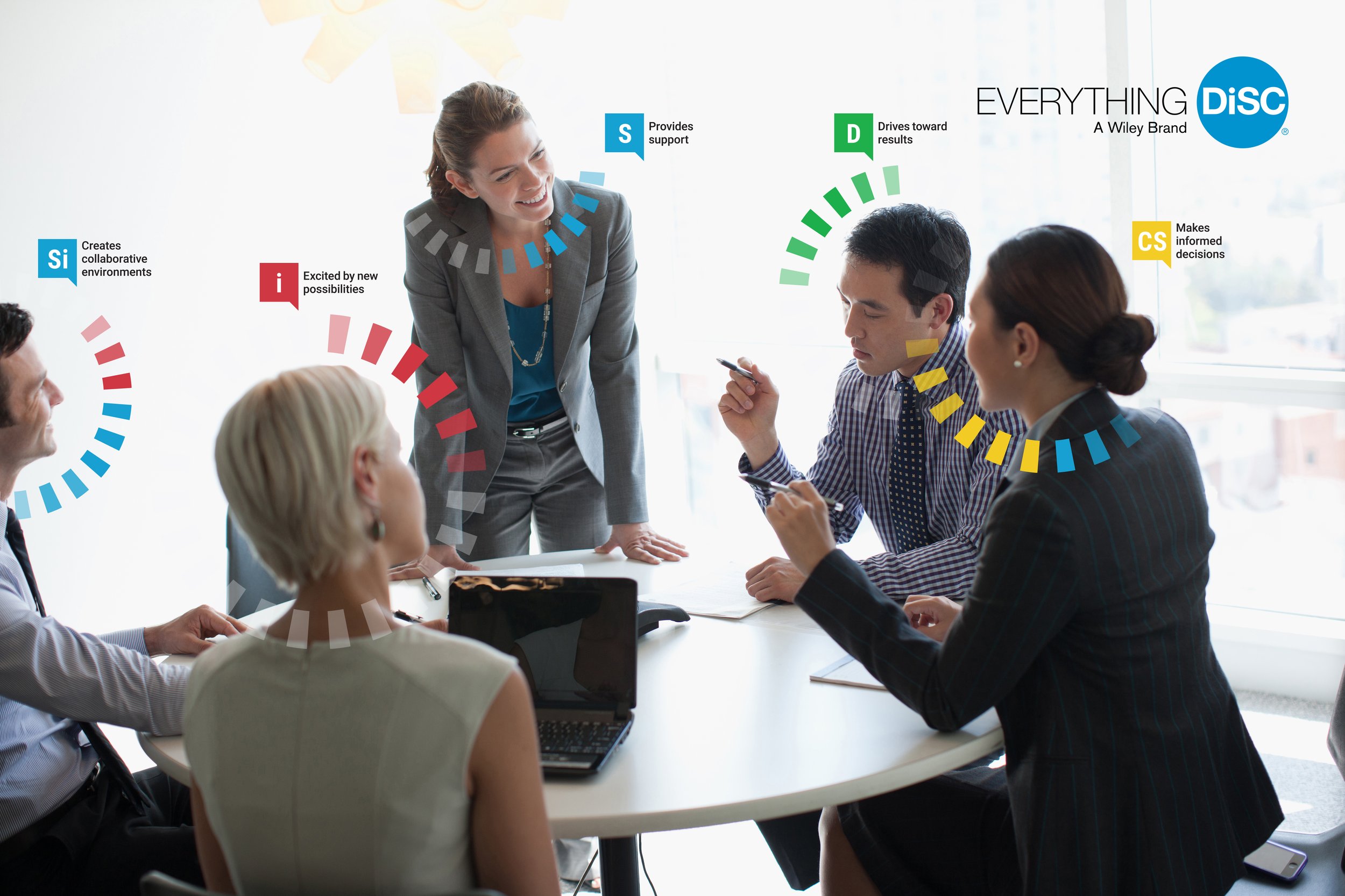 Business team meeting in a conference room with visual graphics overlaid, including supportive words and icons for collaboration, support, results, and decision-making.