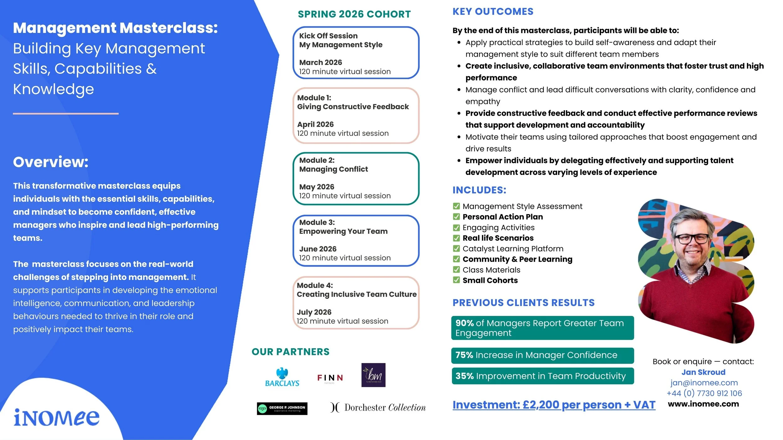 A promotional flyer for a management masterclass titled "Building Key Management Skills, Capabilities & Knowledge" scheduled for Spring 2026. The flyer highlights four virtual session modules on management topics, includes key outcomes, features partner logos, and showcases previous client results. There is a photo of a smiling man with glasses wearing a red sweater in the bottom right corner.