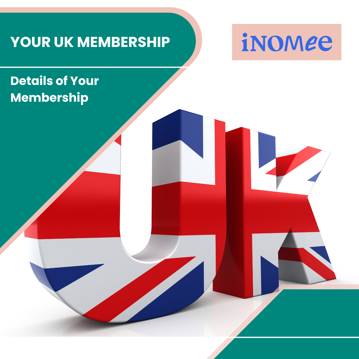 A 3D UK map with the Union Jack flag pattern next to a teal banner that says "Your UK Membership" and the words "Details of Your Membership" beneath it. The logo for iNOMee appears in the upper right corner.