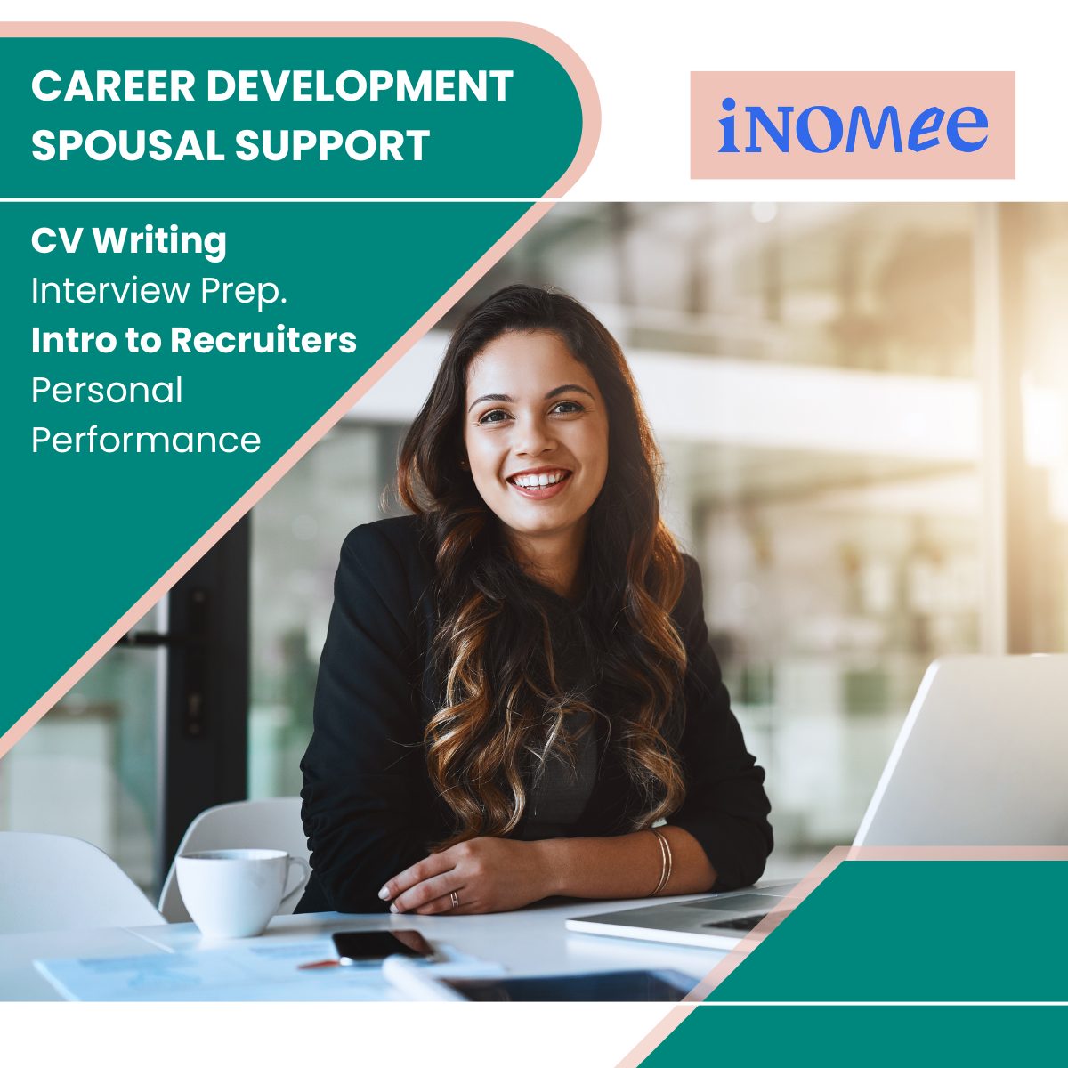 A smiling woman sitting at a desk with a laptop, coffee cup, and smartphone, promoting career development and spousal support courses by iNOME