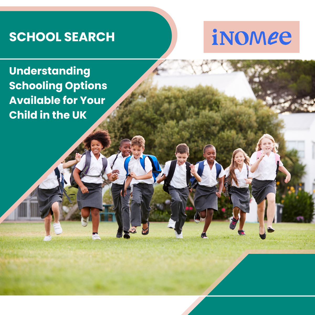 Group of diverse children in school uniforms running on a grassy field with trees and buildings in the background.