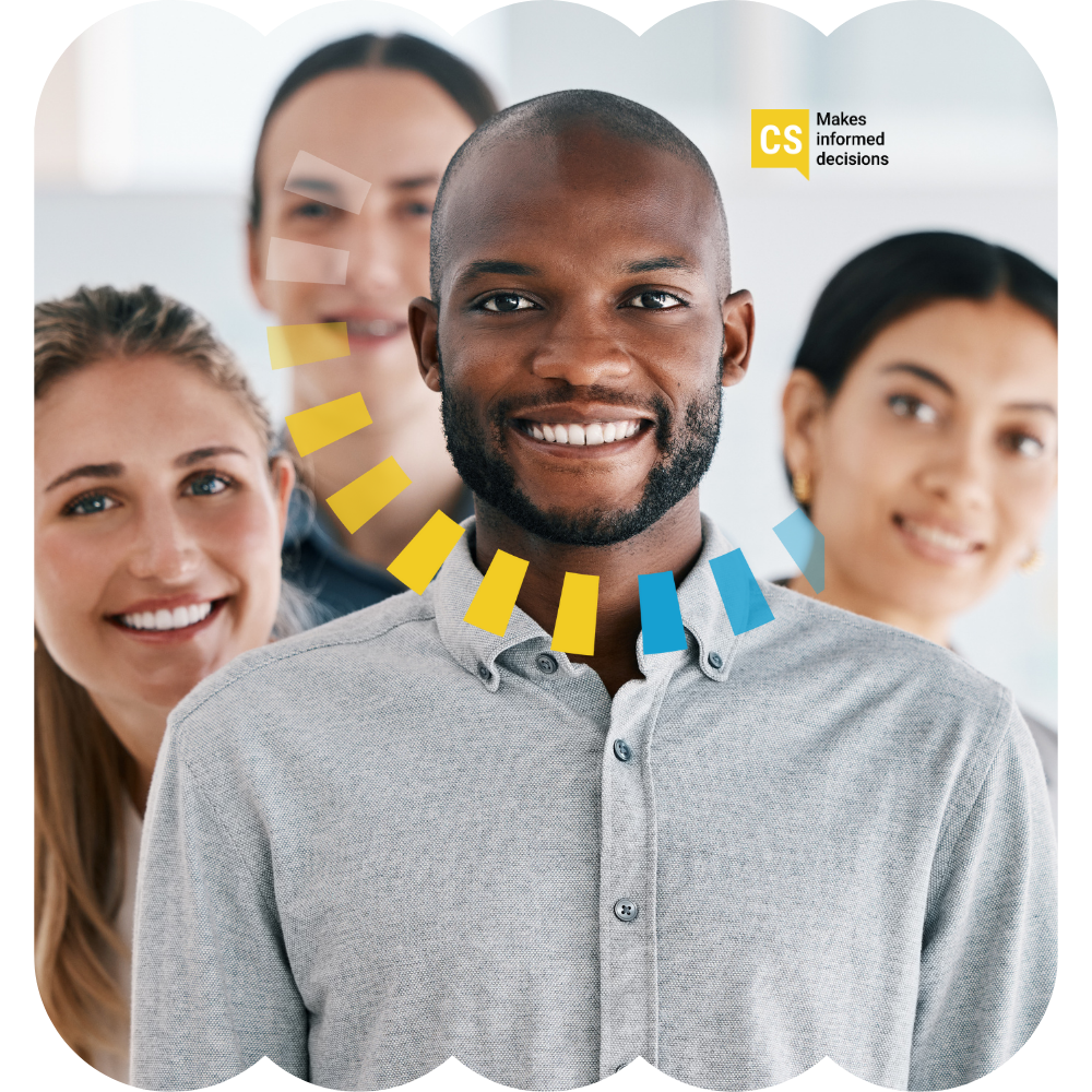 Four diverse smiling professionals in a modern office, with a graphic overlay indicating they make informed decisions.