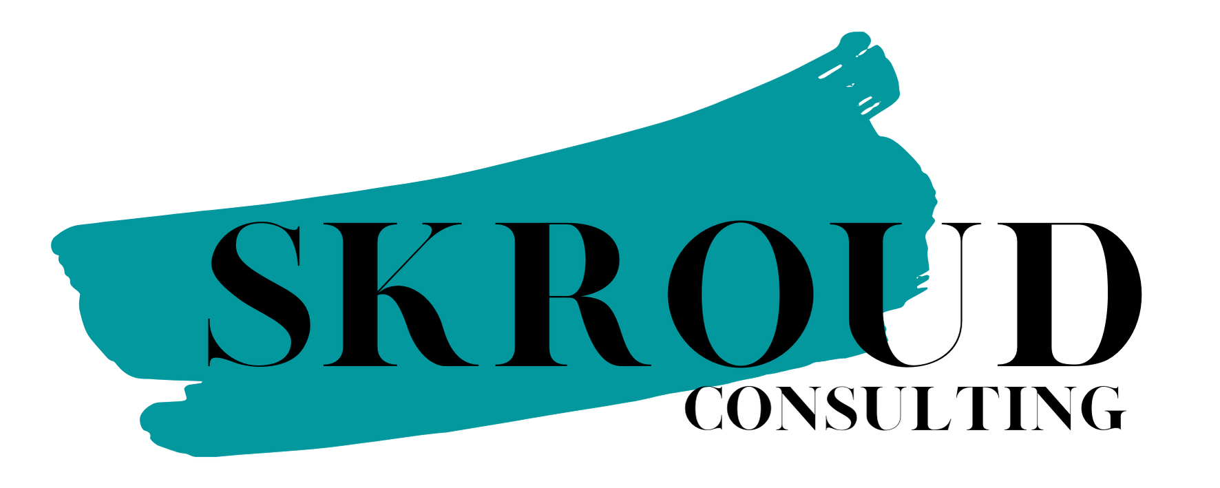 Skrou logo in teal with a brushstroke background and black text