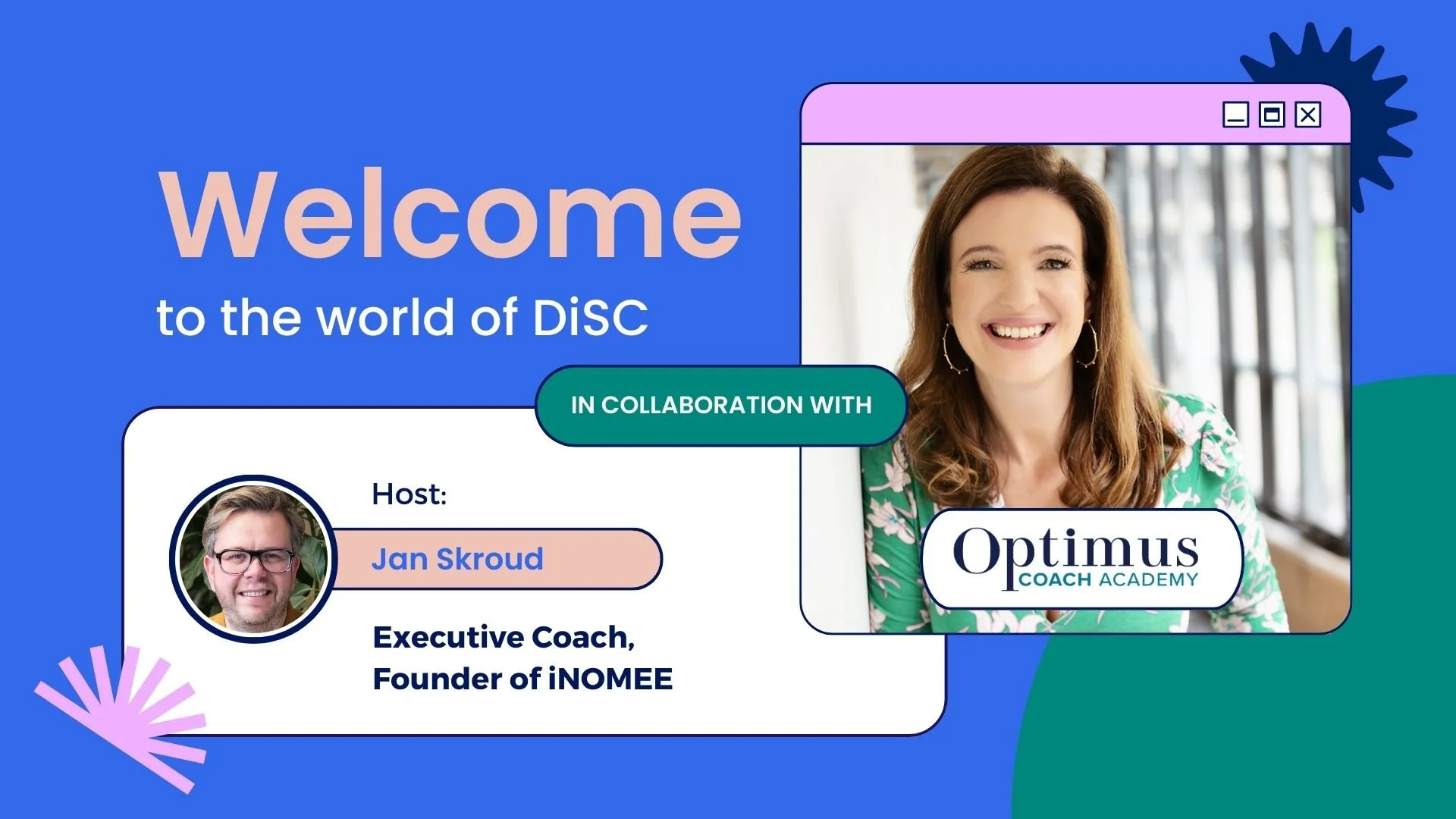 A colorful digital graphic promoting a collaborative online event with a welcoming message, host information, and a photo of a smiling woman with the logo of Optimus Coach Academy.