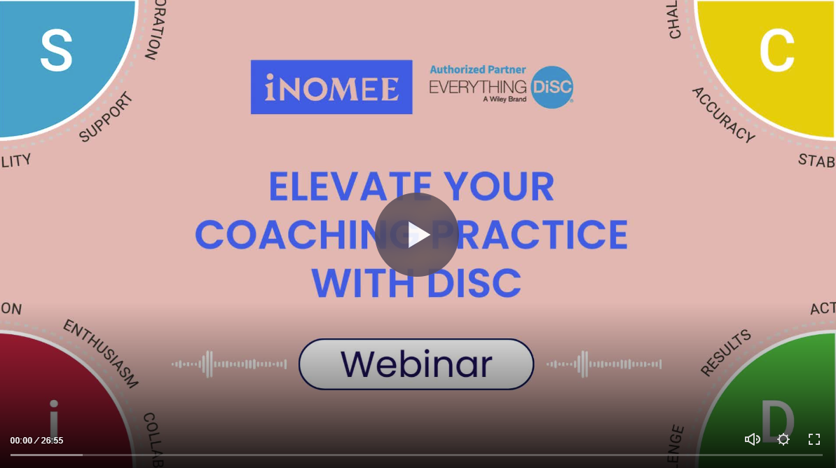Webinar poster with the title "Elevate Your Coaching Practice with DISC" and logos of INOMEE, Everything DiSC, and a Wiley brand. The background is pink with initials S, C, I, D in colored circles at the corners.