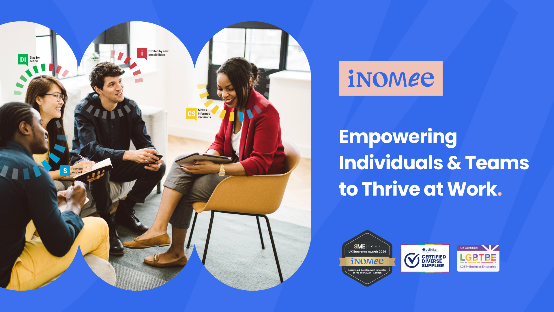 A diverse group of five people, including women and men of different ethnicities, engaged in a discussion during a meeting, with colorful labels pointing to them indicating support, making informed decisions, excitement, and bias for action. The right side of the image contains the logo 'INOmee', a tagline about empowering individuals and teams to thrive at work, and several award and certification badges for diversity and inclusion.