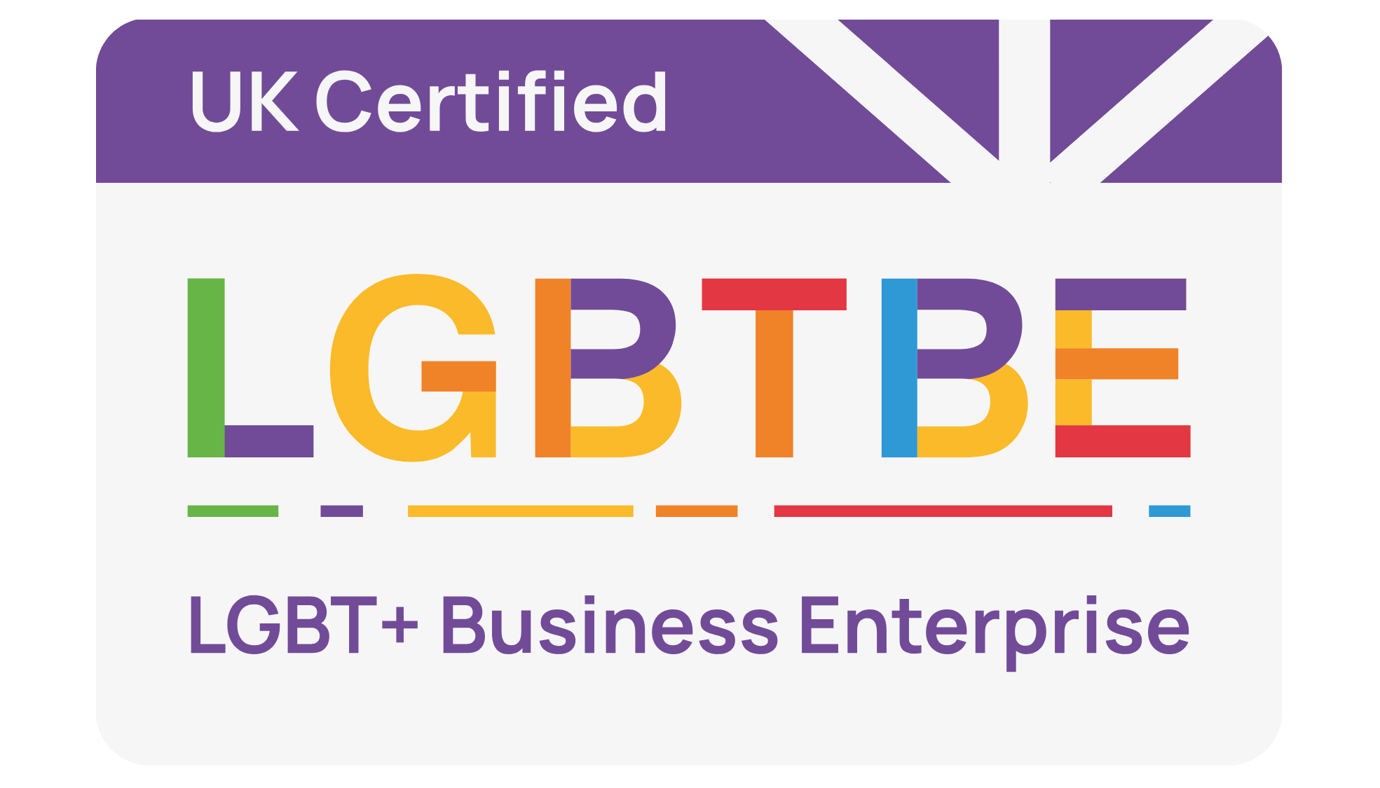 Certification badge for UK Certified LGBT+ Business Enterprise with rainbow-colored letters 'LGBTE' and the text 'LGBT+ Business Enterprise' below, purple header background.