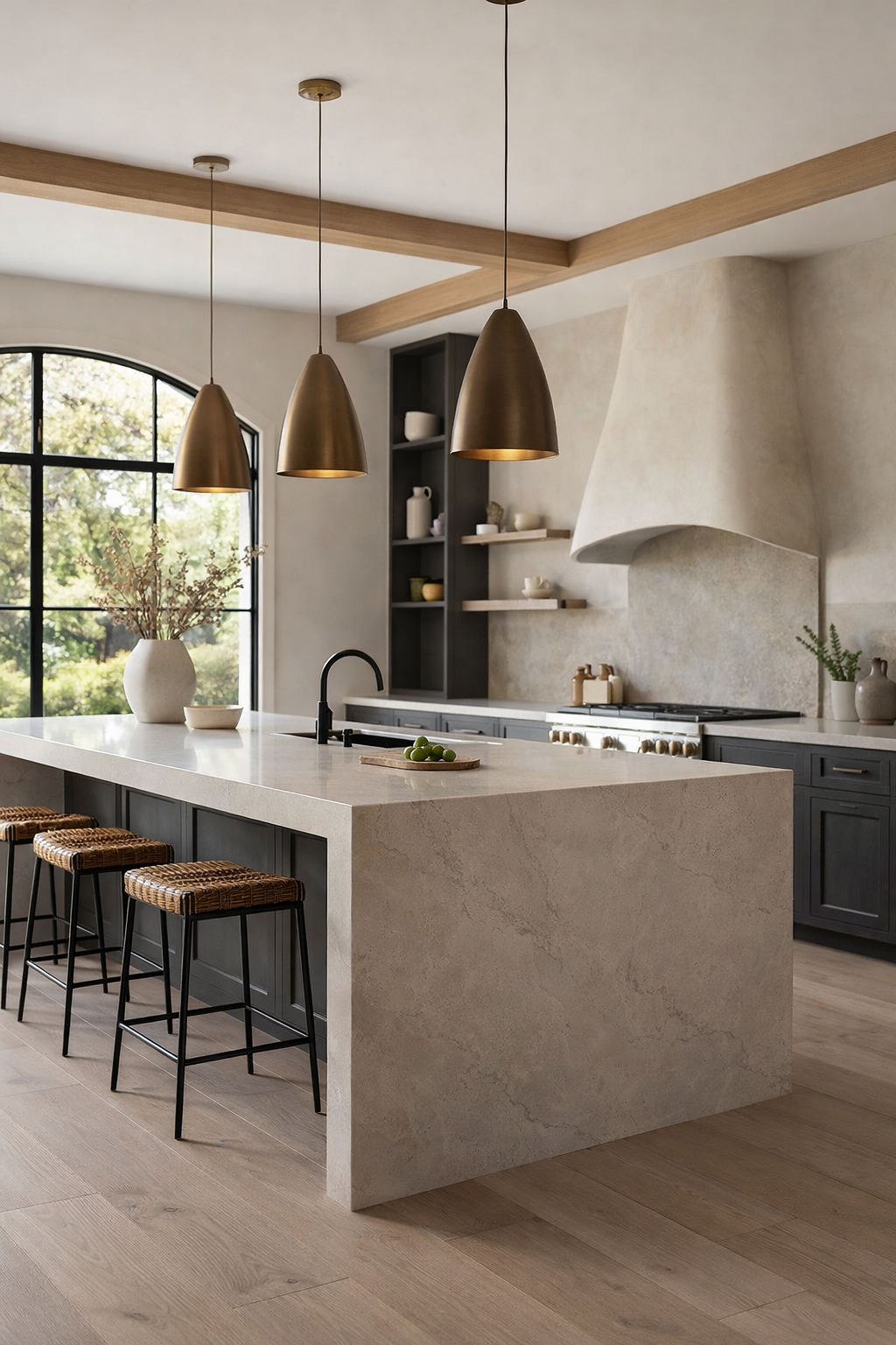 Modern kitchen with a large white island, three wicker bar stools, black pendant lights, a window with greenery outside, and open shelves with white dishes.