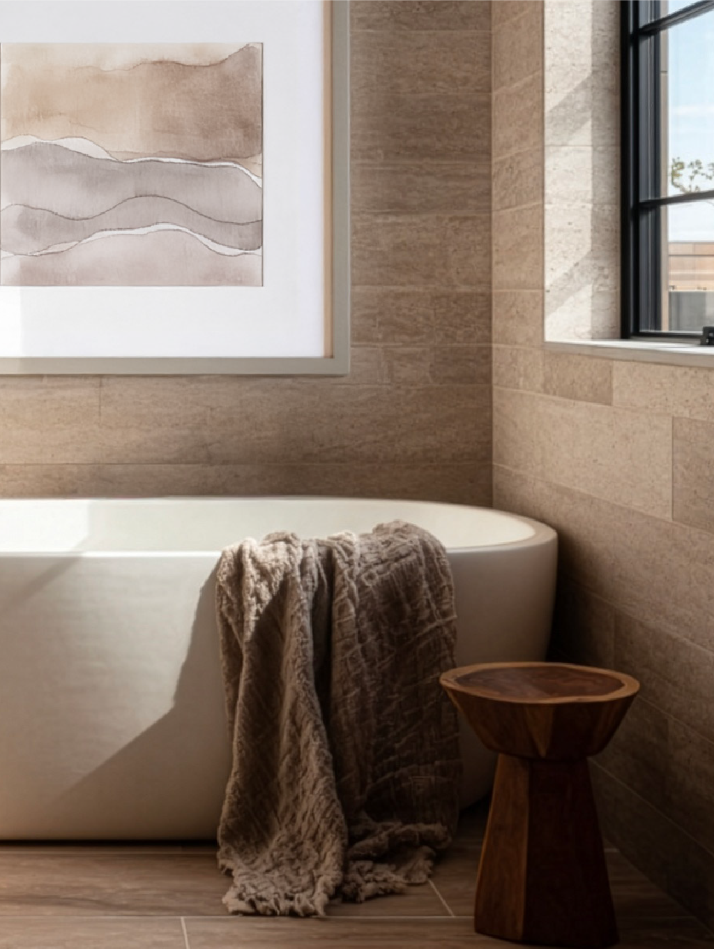 A bathroom corner with a white bathtub draped with a brown towels, a small wooden stool, a beige abstract painting, and a window with sunlight streaming in.