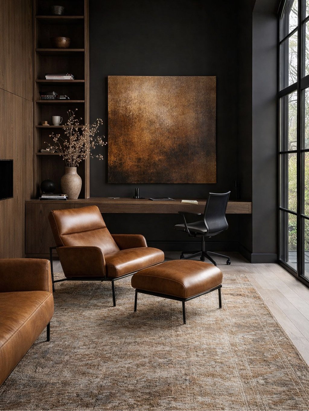A modern living room with a leather chair and ottoman, black and wooden furniture, an abstract painting on the wall, a large window with black frames, and a patterned area rug.
