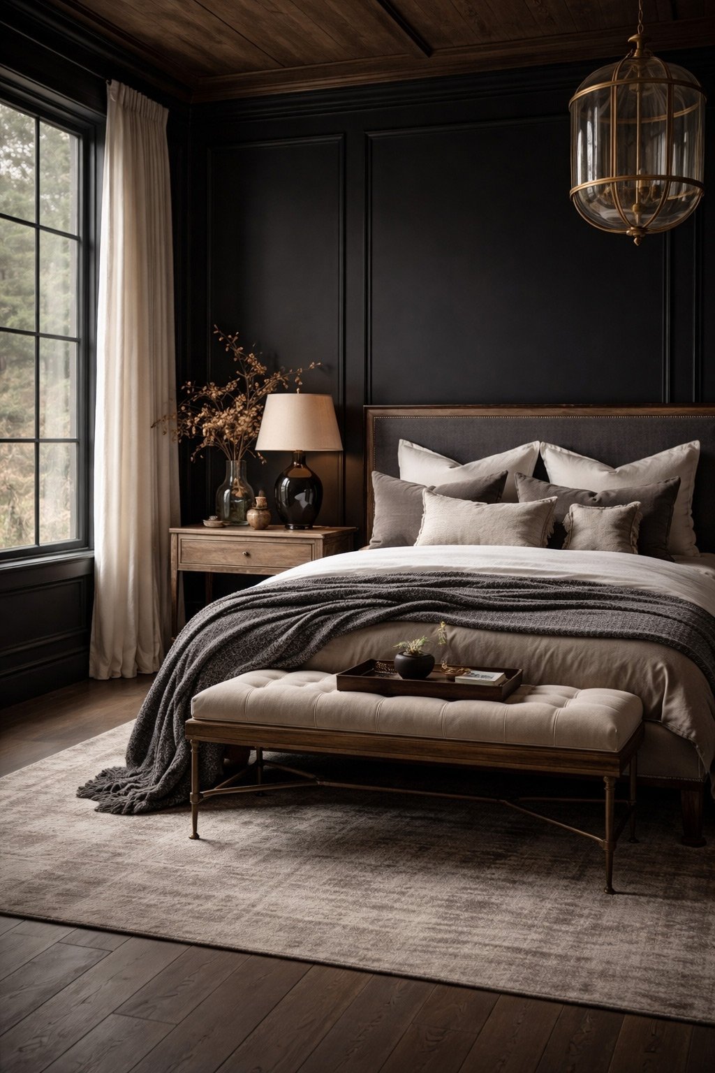 A cozy bedroom with dark paneled walls, a large window with cream curtains, a bed with gray and white bedding, a cushioned bench at the foot, a wooden nightstand with a lamp and decorative items, and a large glass pendant light hanging from the ceiling.