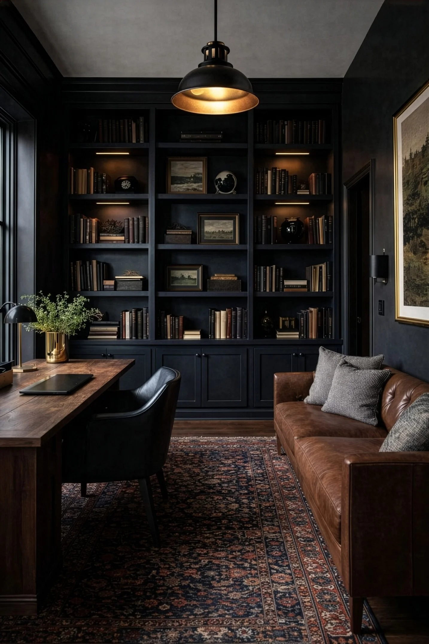 A cozy study room with dark wooden bookshelves, a wooden desk with a laptop and lamp, a leather sofa with throw pillows, a Persian rug, and a large framed painting on the wall.
