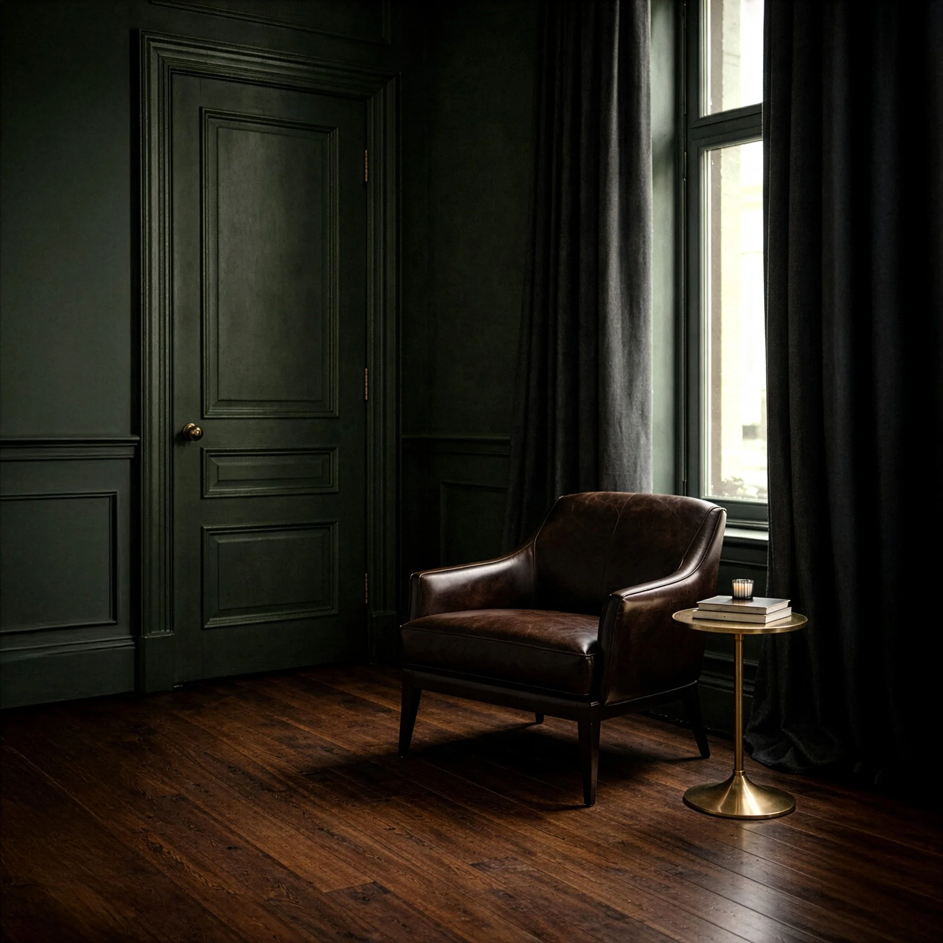 A dark, cozy room with black paneled walls, a leather armchair, a side table with books and a candle, and a large window with black curtains.