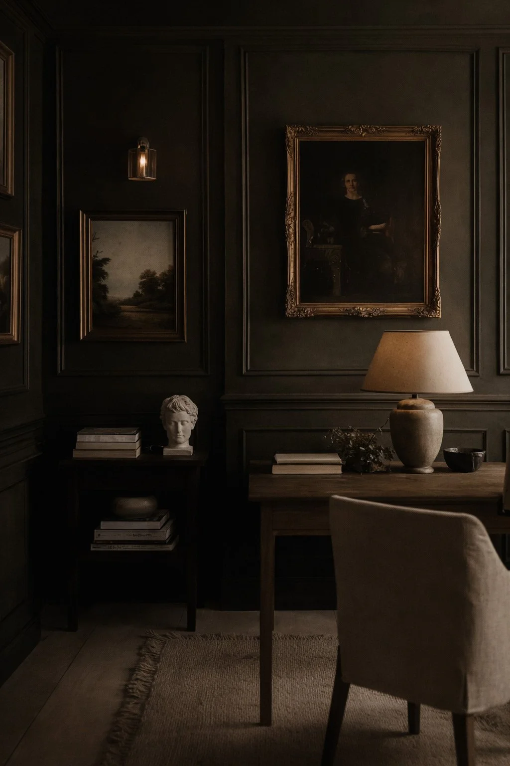 A dimly lit room with dark green walls, decorated with framed paintings and a bust sculpture. There is a table with a lamp, books, a bowl, and a chair.