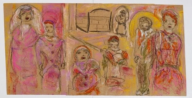 Iris Klein 
 Sisters of Mercy , 2017 
Chalk pastel on archival brown paper 
24 x 12.5 in