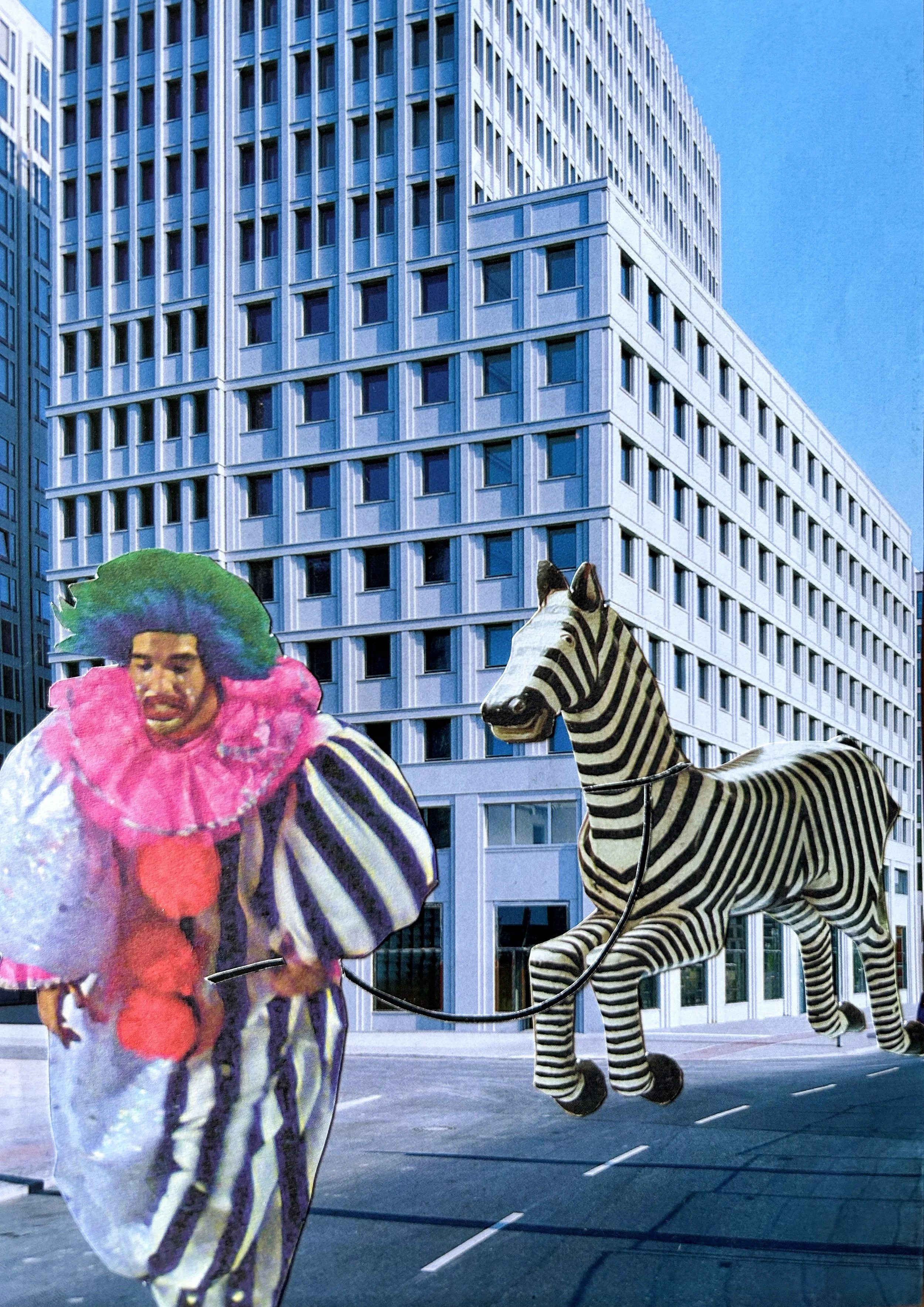 Katherine Kesey 
 Runaway Clown and His Zebra , 2026 
Collage 
7 × 5 in | matted to 10 x 8 in