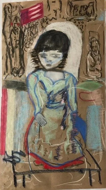 Iris Klein 
 Daughters of the Revolution , 2017 
Chalk pastel on archival brown paper 
24 × 13 in