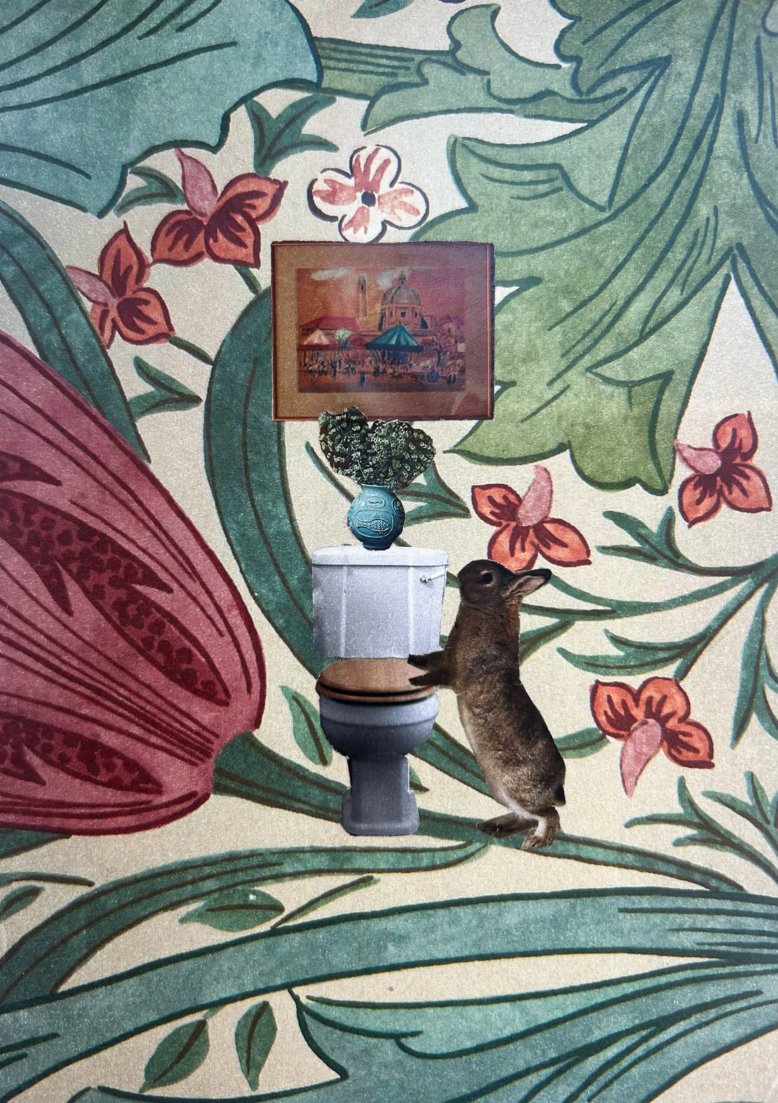 Katherine Kesey 
 Bunny Flushing a Toilet , 2026 
Collage 
7 × 5 in | matted to 10 x 8 in