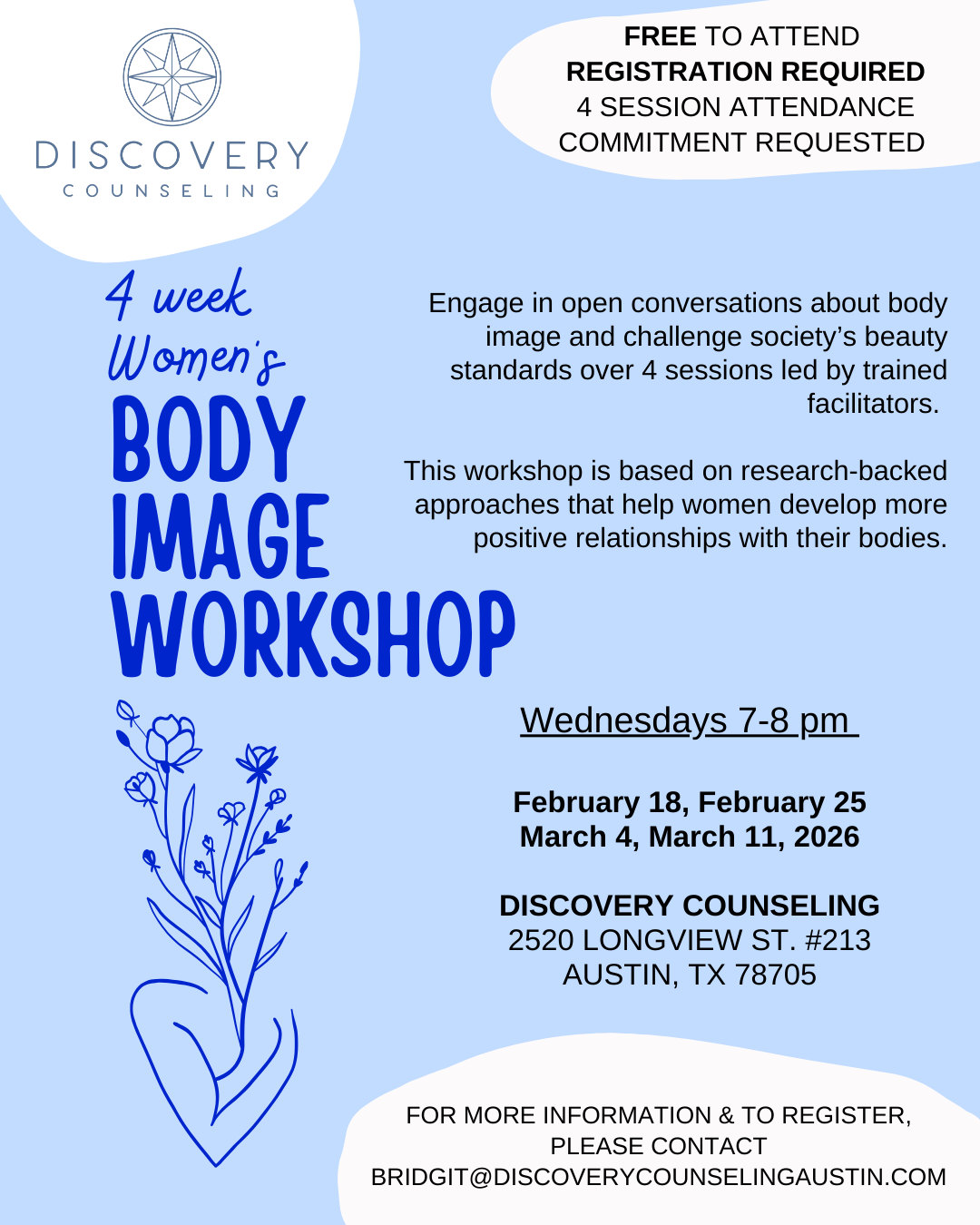 Flyer advertising a four-week women's body image workshop hosted by Discovery Counseling, including dates, times, location, and contact information.