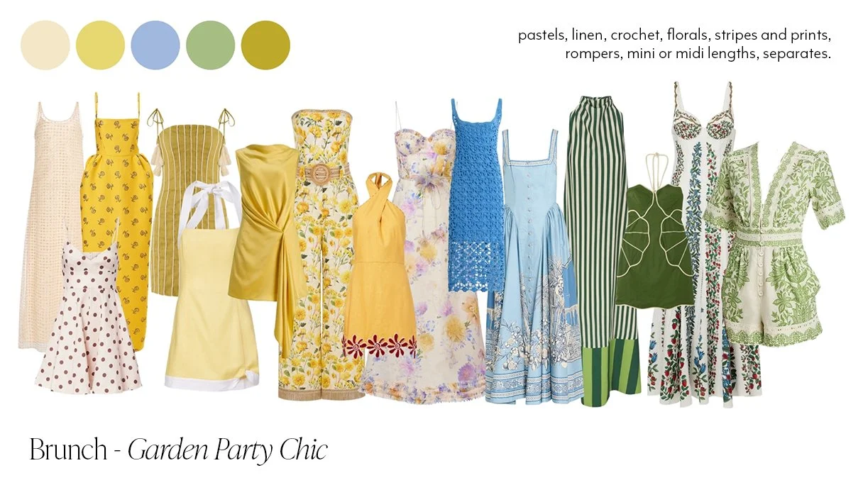 A selection of outfits/dresses to inspire 'Garden Party Chic' attire for guests attending the Farewell Brunch.