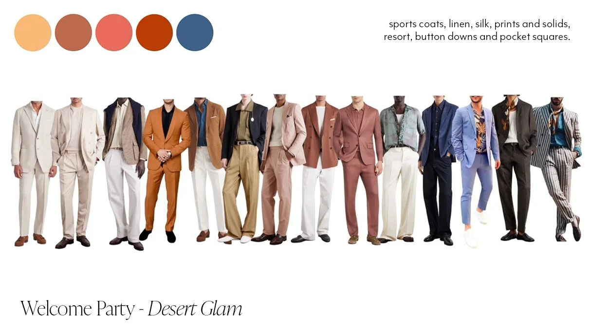 A selection of outfits to inspire 'Desert Glam' attire for guests attending the Welcome Party.