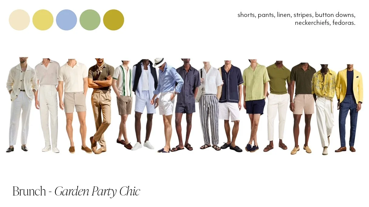 A selection of outfits to inspire 'Garden Party Chic' attire for guests attending the Farewell Brunch.