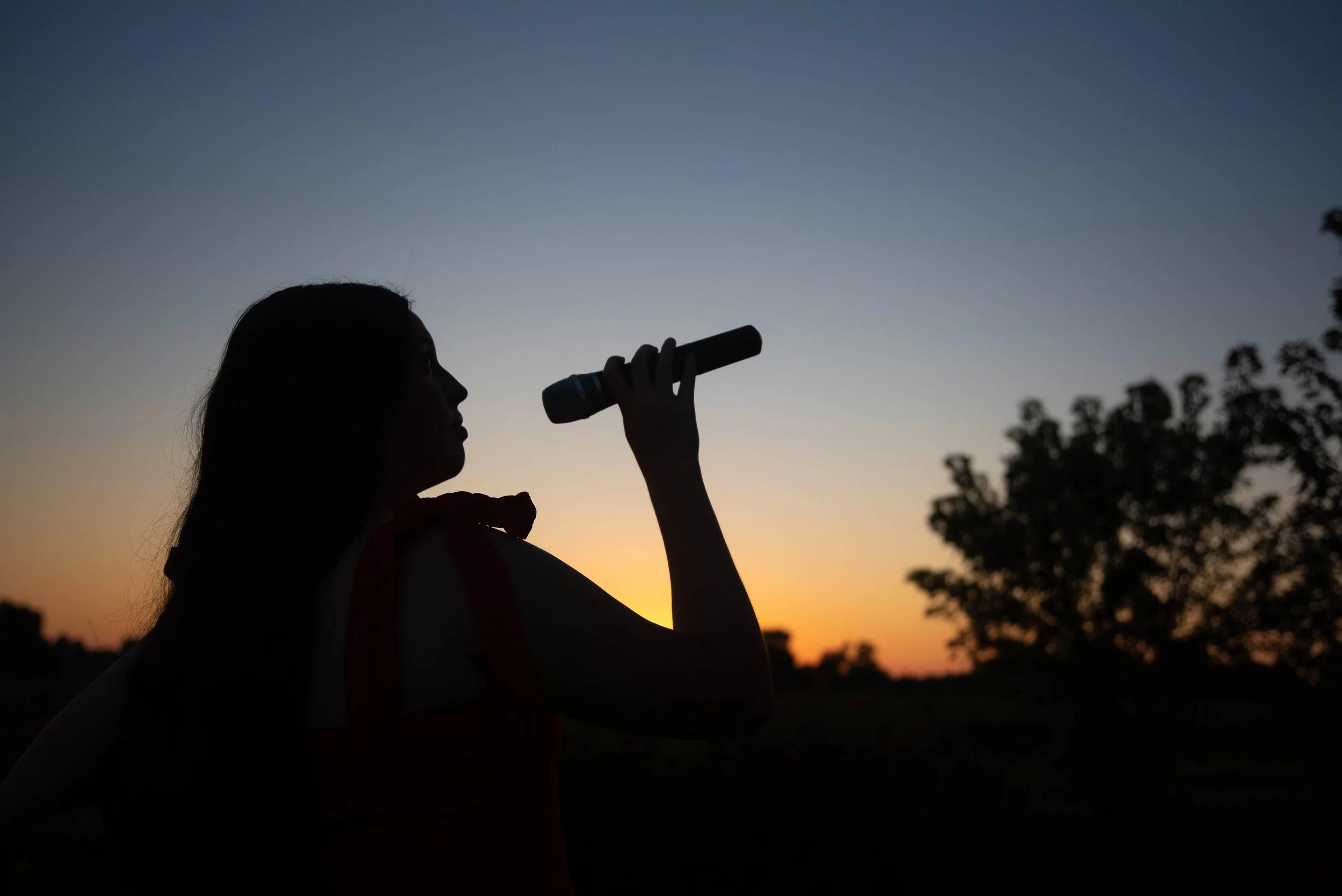 Silhouette of a girl holding a spyglass at sunset with trees in the background.