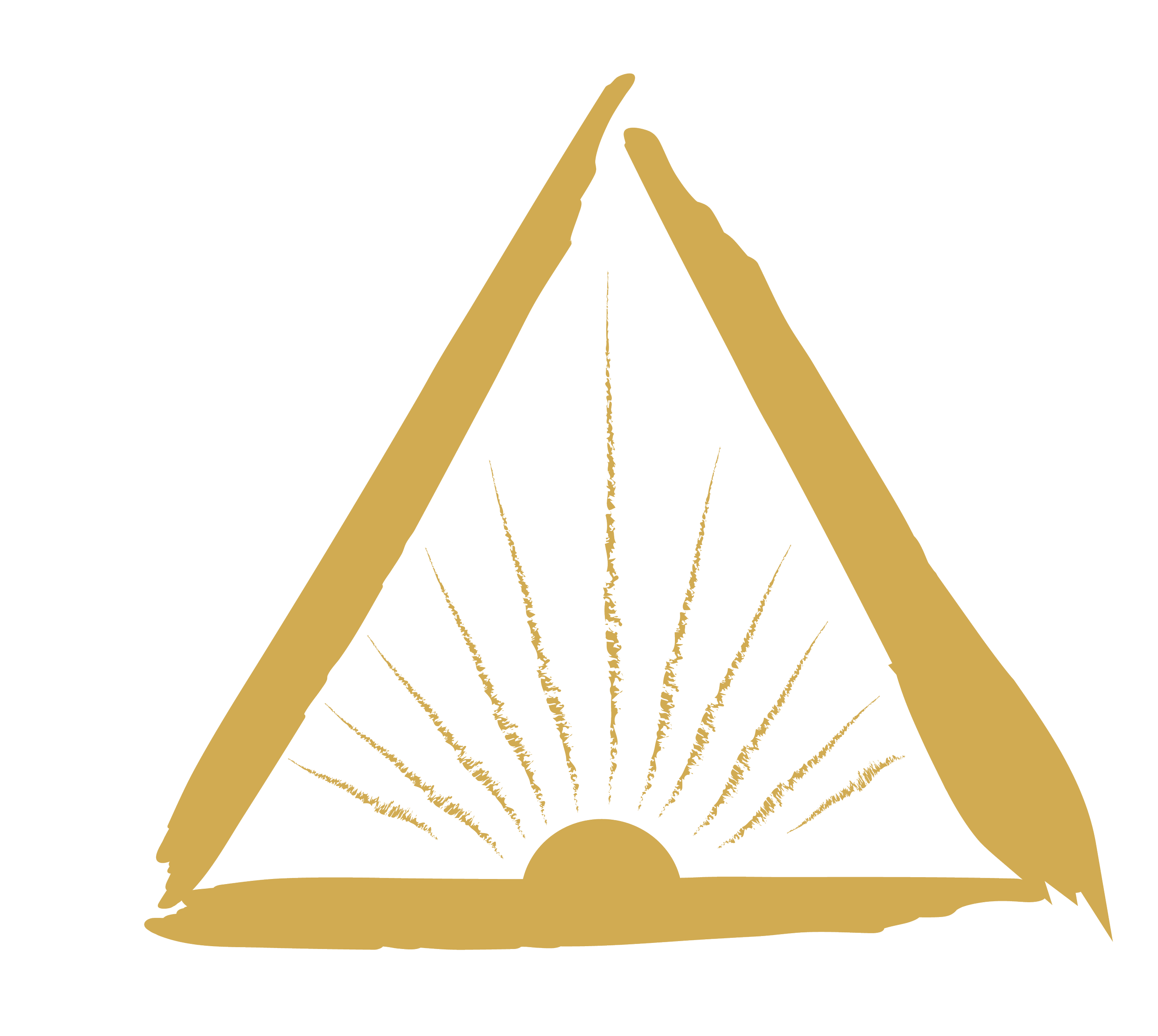 Illustration of a triangular tent with two gold-colored hands touching above it, suggesting the shape of a mountain or peak.