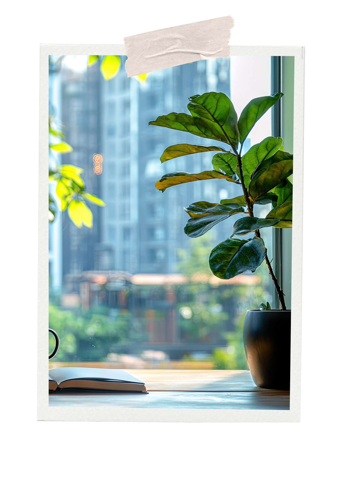 A potted green plant on a windowsill with a cityscape background and an open book beside it.