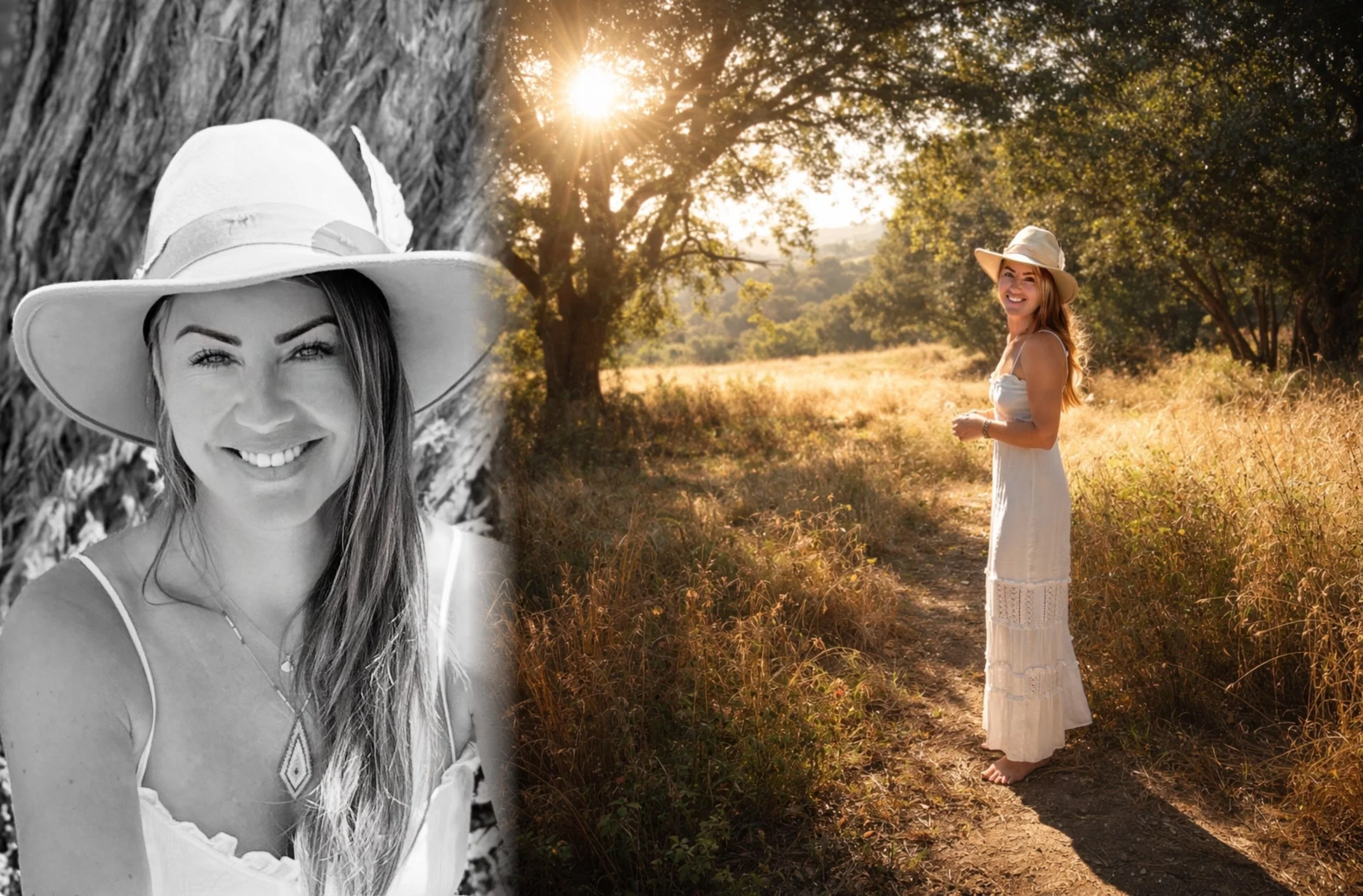 A woman with long hair smiling and wearing a wide-brimmed hat in a black and white close-up on the left, and the same woman in color standing barefoot on a dirt path surrounded by tall grass and trees, wearing a similar wide-brimmed hat and a white dress, during sunset in a natural outdoor setting.