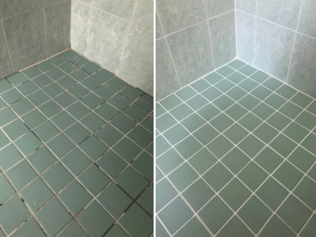Comparison of a bathroom floor before and after cleaning; left side shows dirty, grimy tiles, right side shows cleaned, brighter tiles.