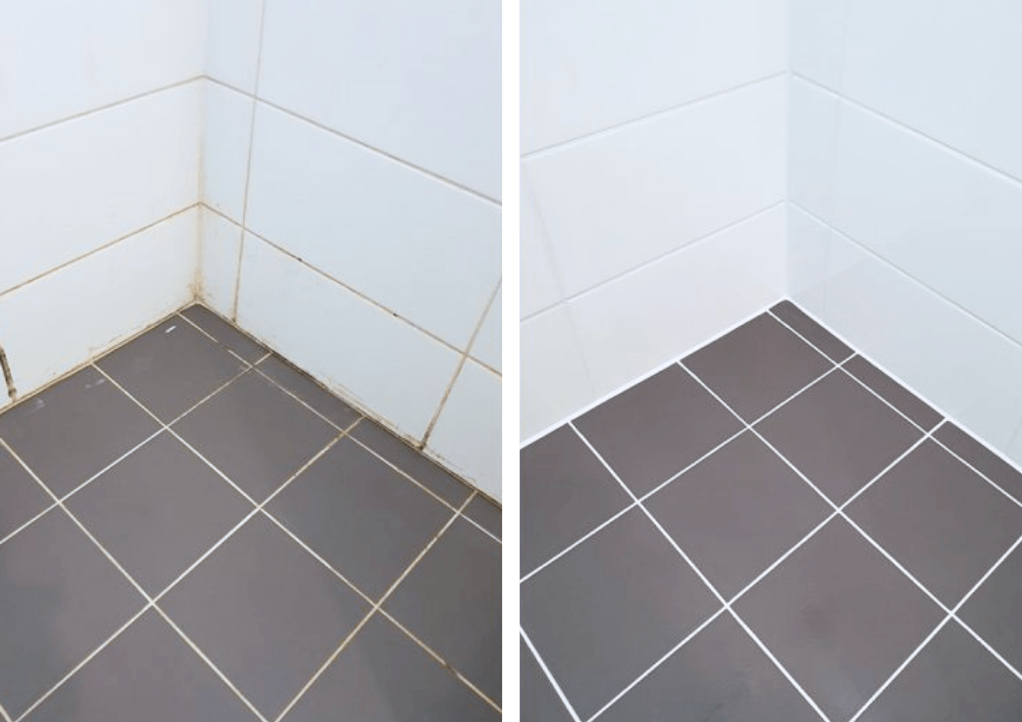 Comparison of a corner of a tiled bathroom floor before and after cleaning. The left side shows stained grout lines, while the right side shows clean grout lines.