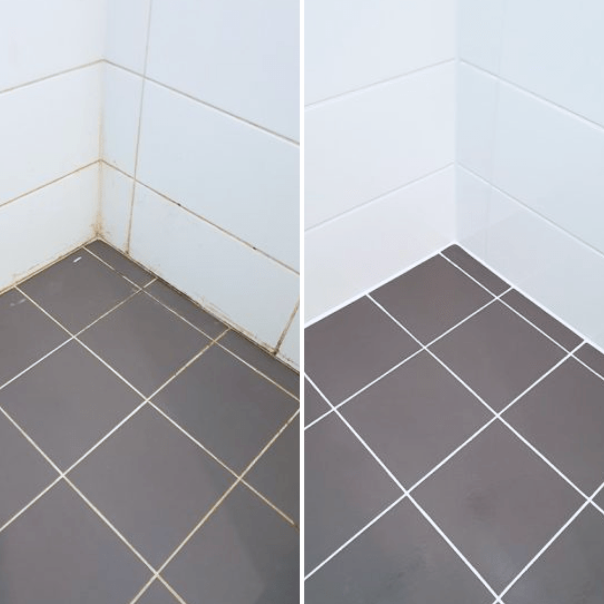 Comparison of dirty and clean bathroom tile corner with white wall tiles and dark gray floor tiles.