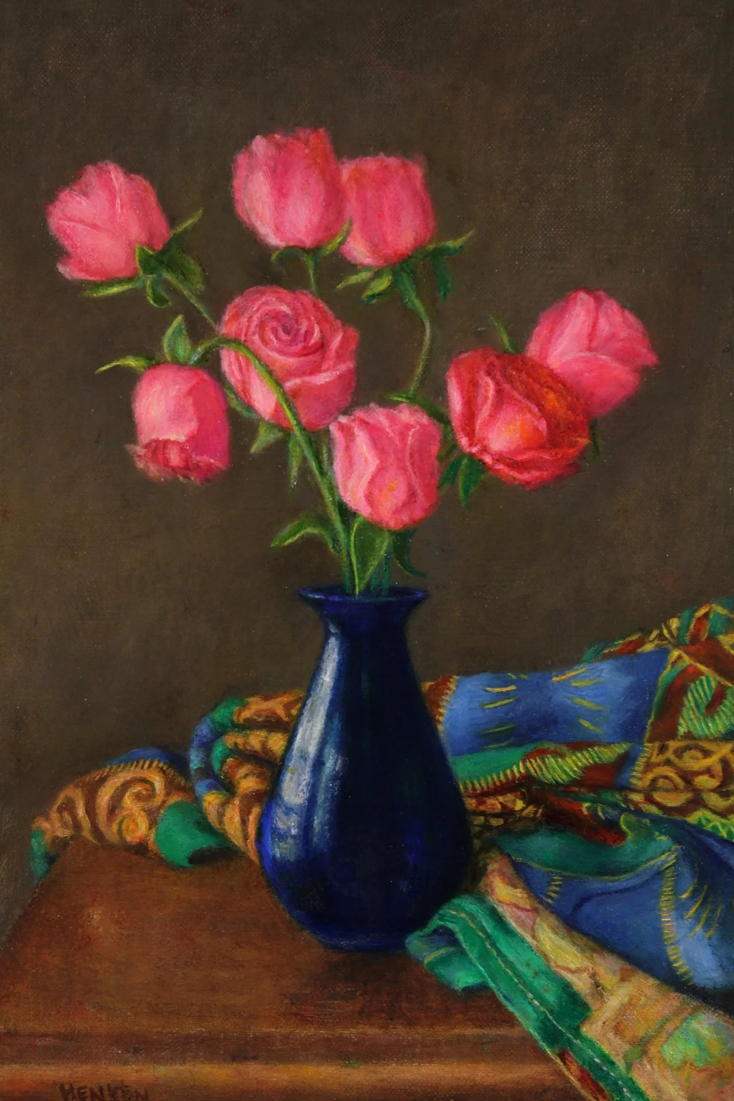 Mini-Roses in Blue Glass Vase