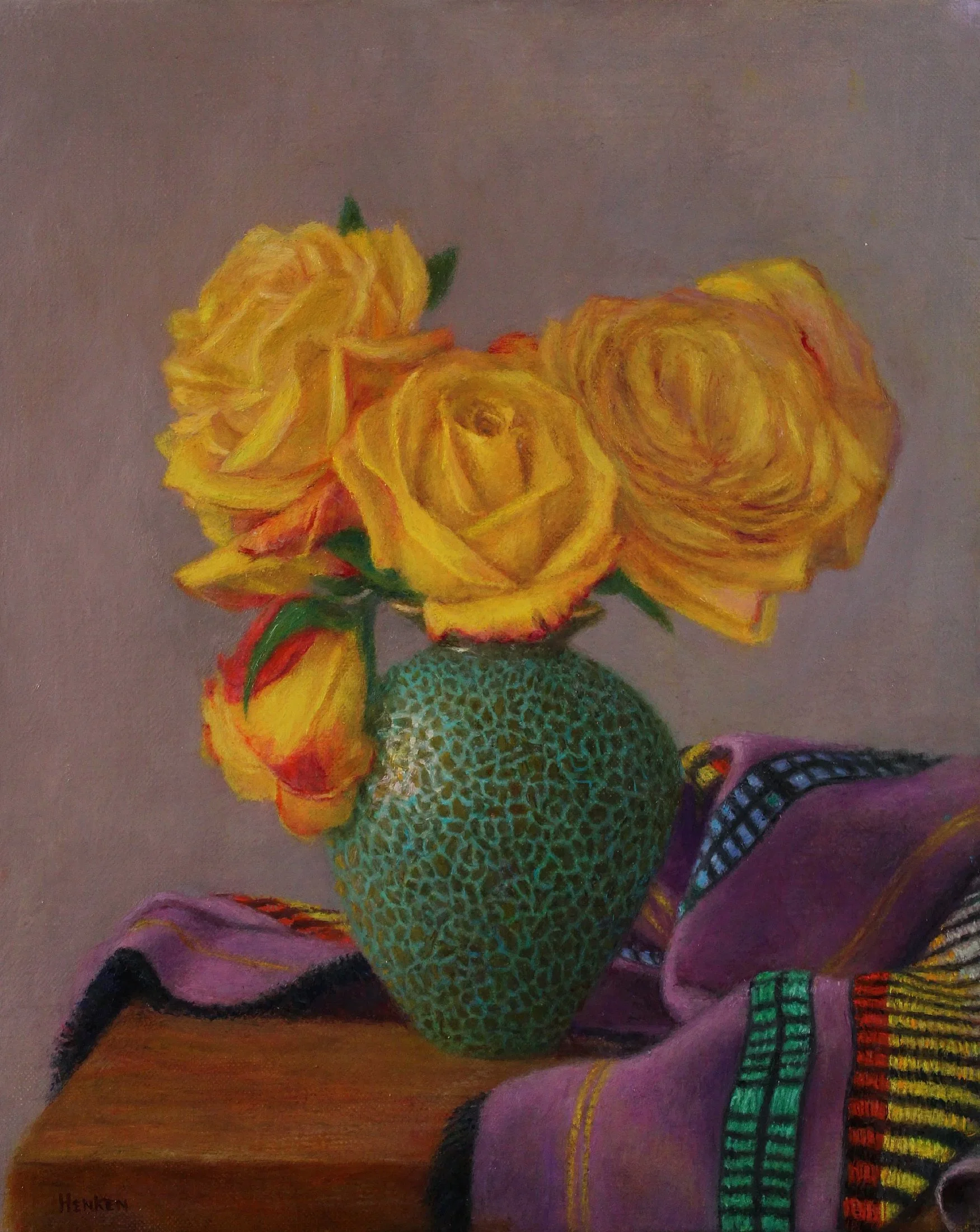 Green Vase with Yellow Roses
