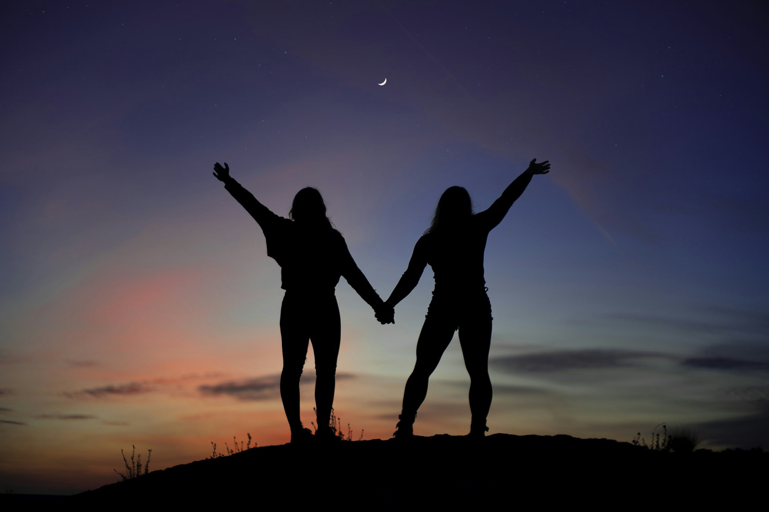 Silhouette of two women holding hands on a hilltop during sunset with a crescent moon and stars in the twilight sky.