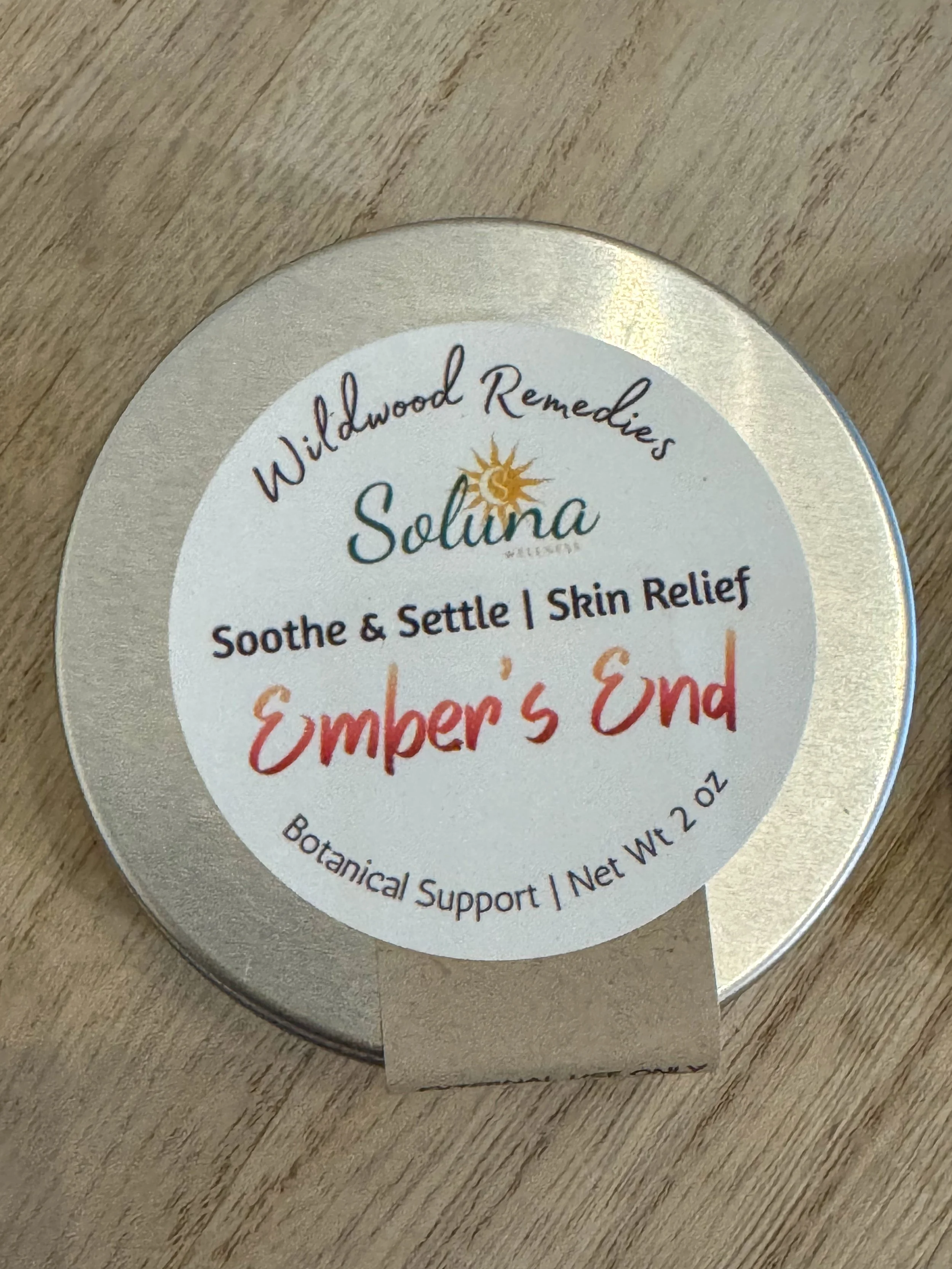 Embers End Wildwood Soothe and Settle 2oz tin for burns and acute skin inflammation.