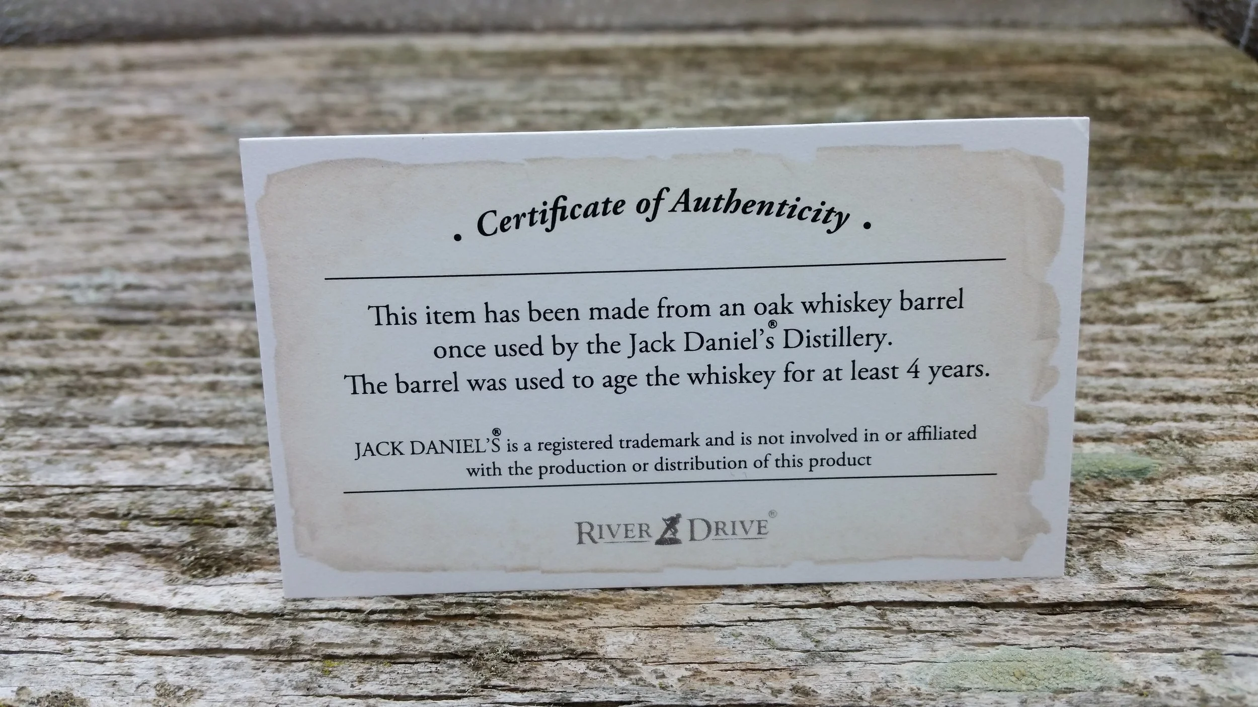 certificate of authenticity for Jack Daniel's pen blank