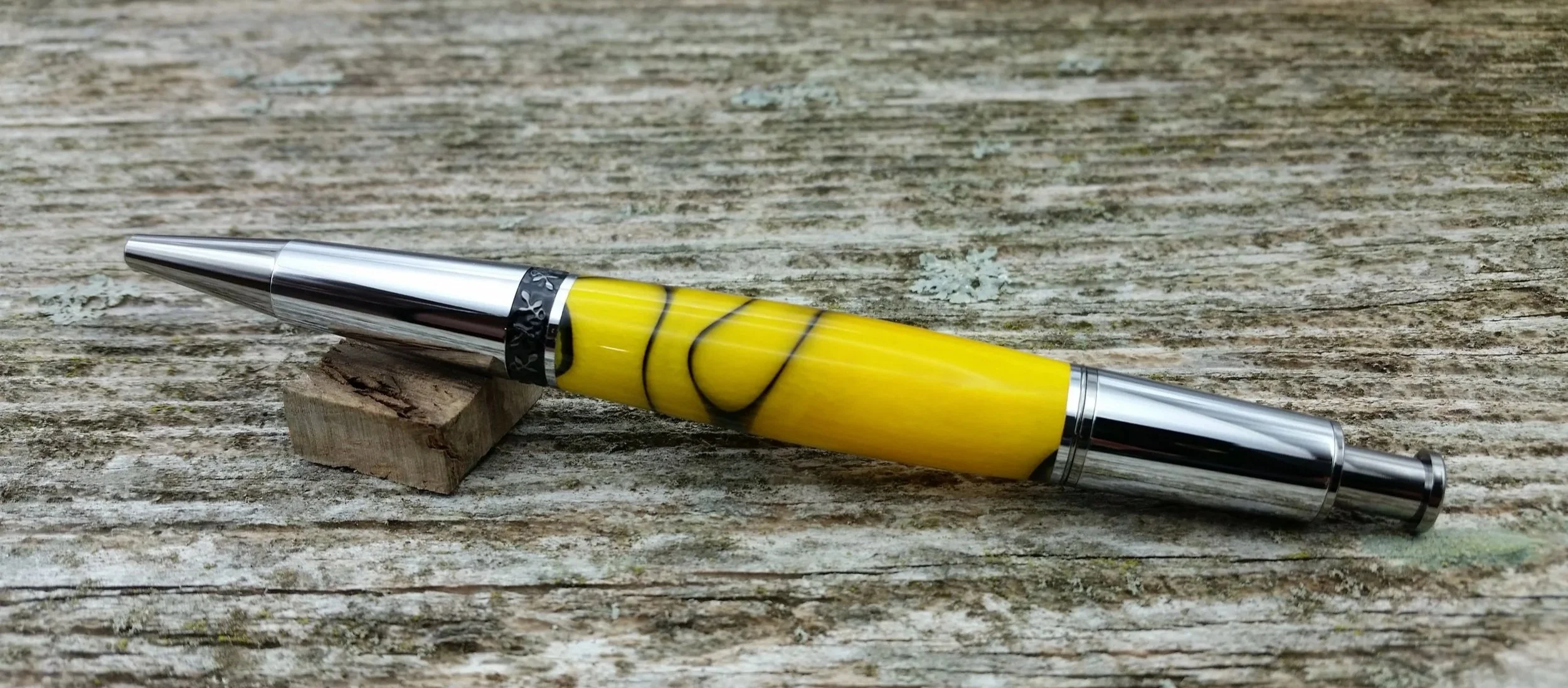 Parus Pen ballpoint click pen with black titanium, chrome, and pearlescent yellow resin rear view.jpg