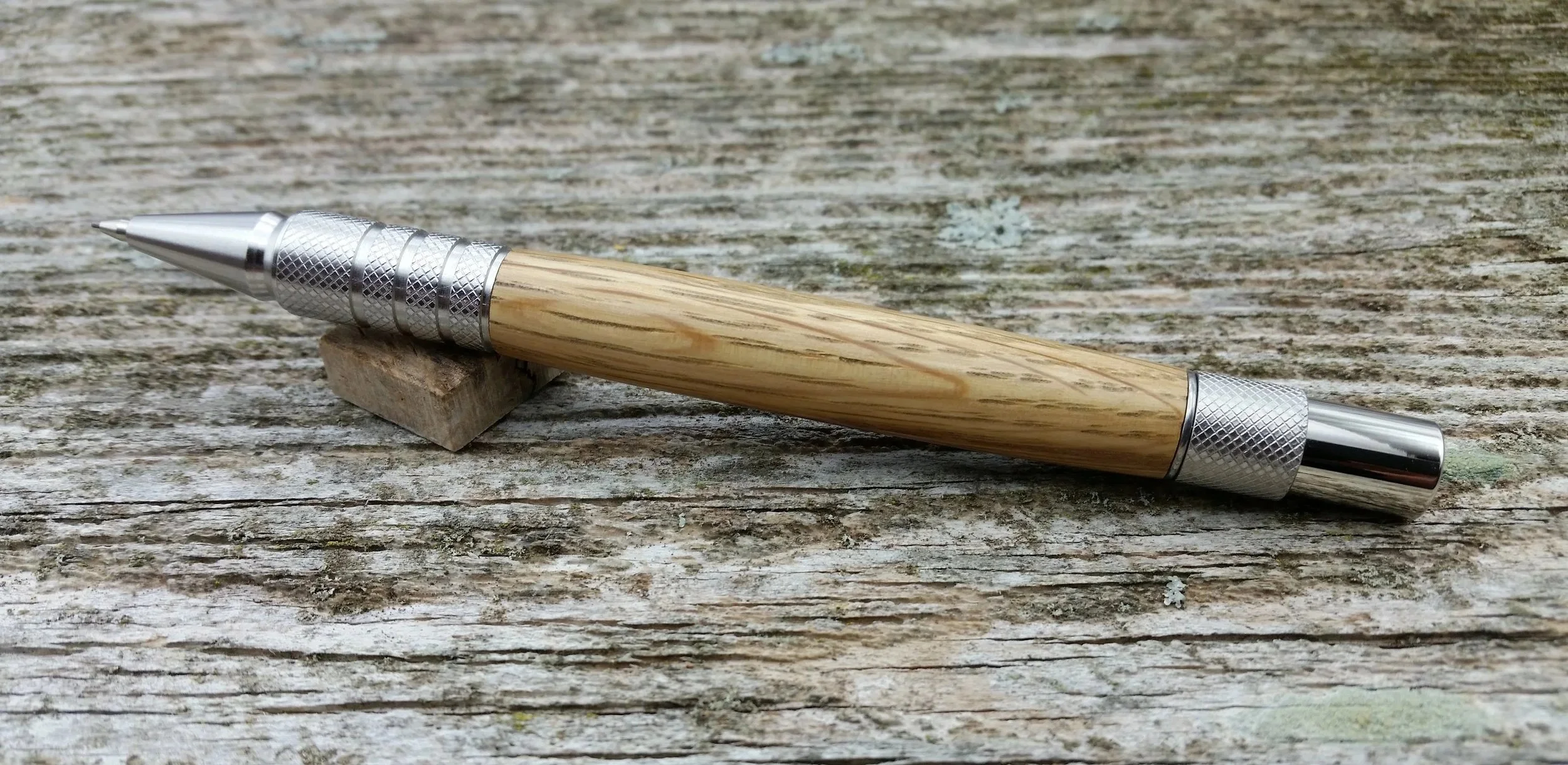 Parus Pen pencil with solid stainless steel and Makers Mark oak rear view